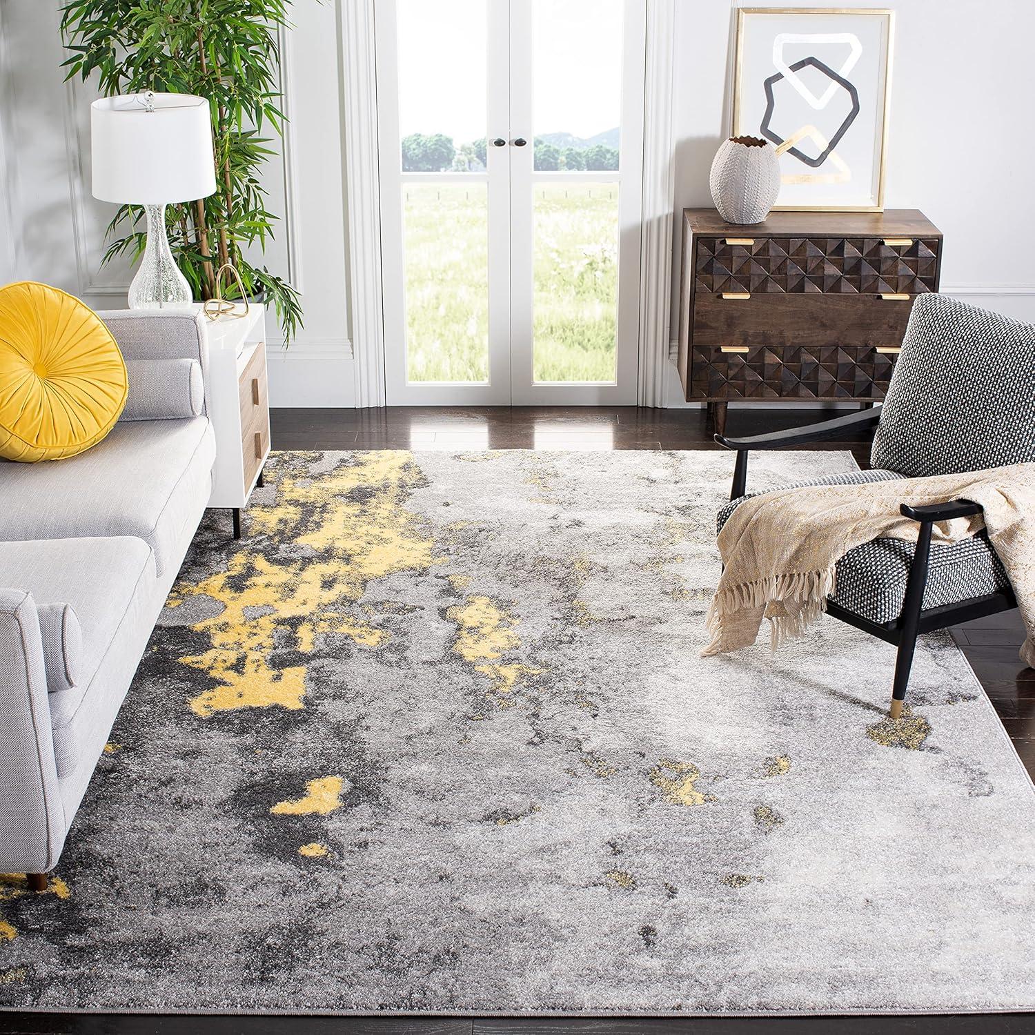 6' Square Gray and Yellow Abstract Area Rug