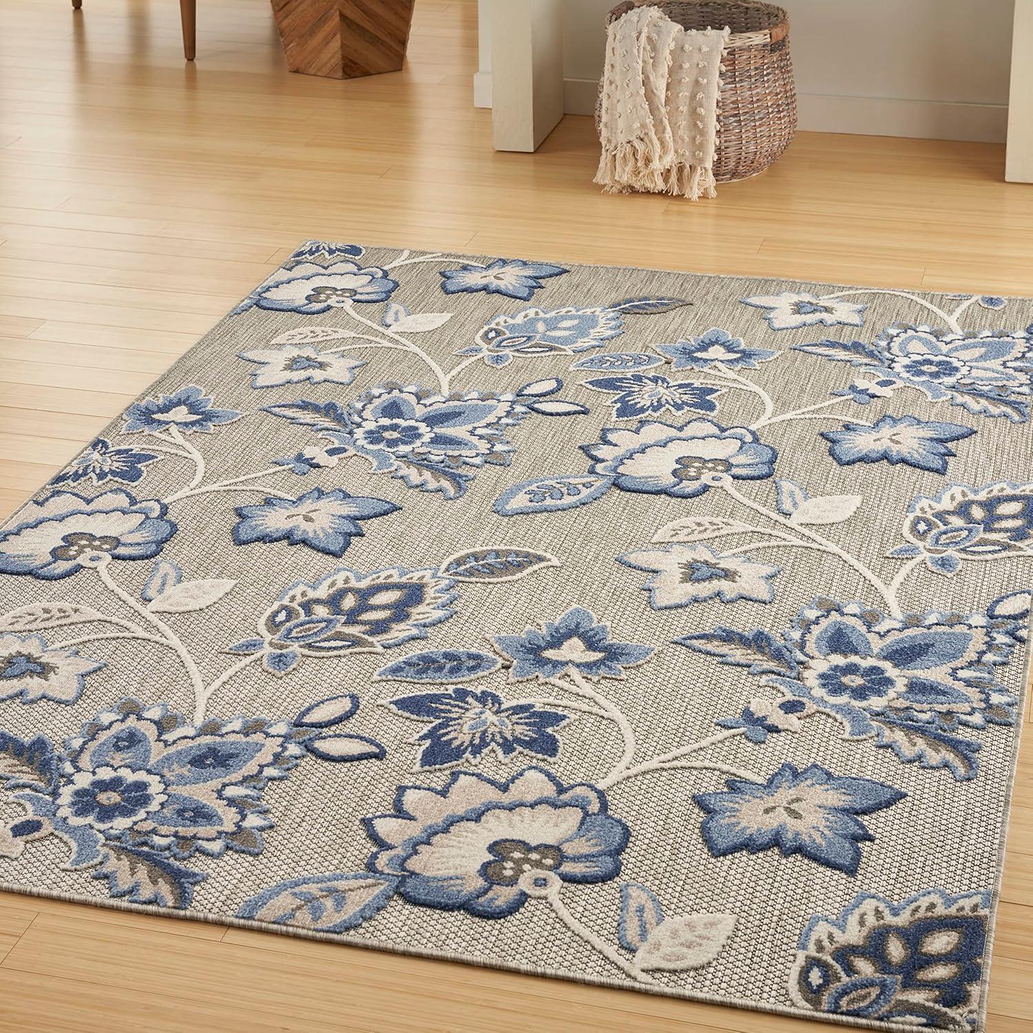 Nourison Aloha Floral Farmhouse Flatweave High-Low Indoor Outdoor Area Rug Blue Grey 7'10" x 10'6"
