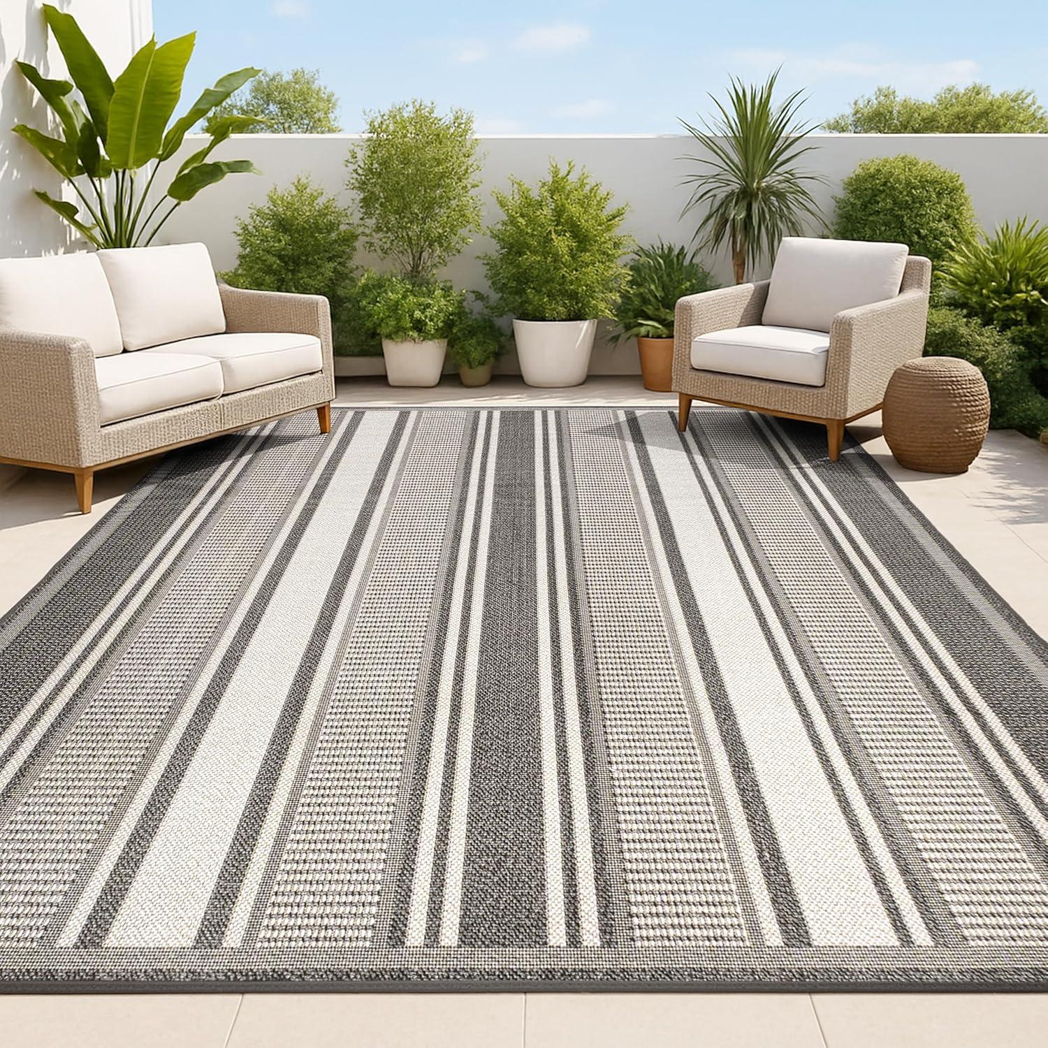 8' x 10' Haynes Modern Double Stripe Indoor/Outdoor Area Rug, Black/Cream - JONATHAN Y