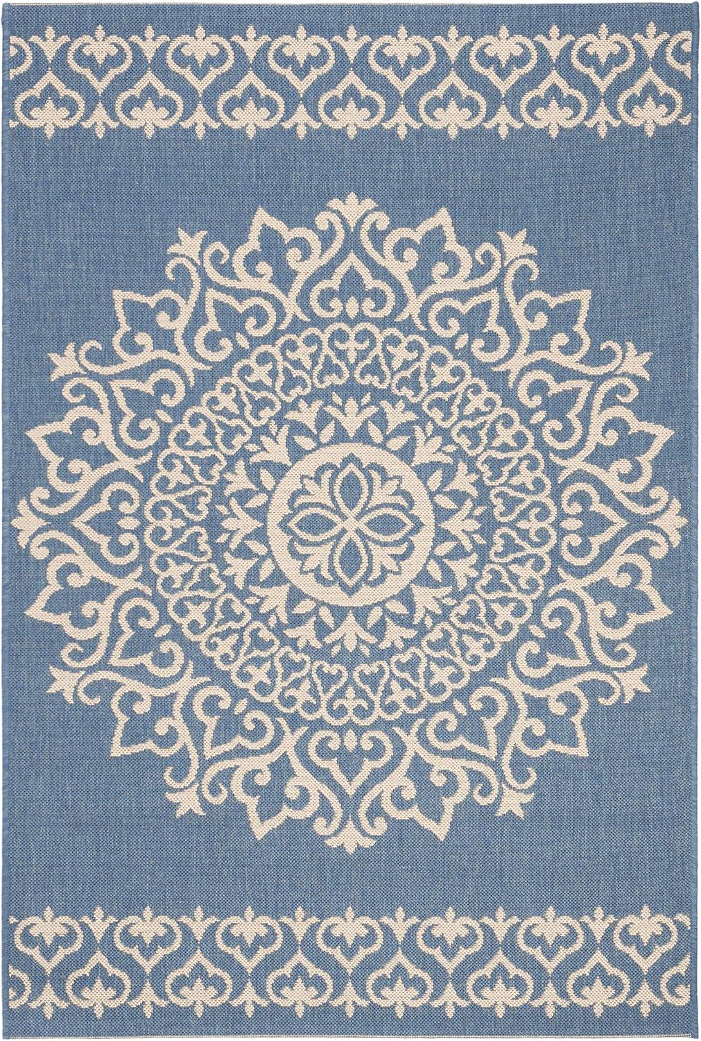 Cream and Blue Synthetic Medallion Indoor/Outdoor Area Rug