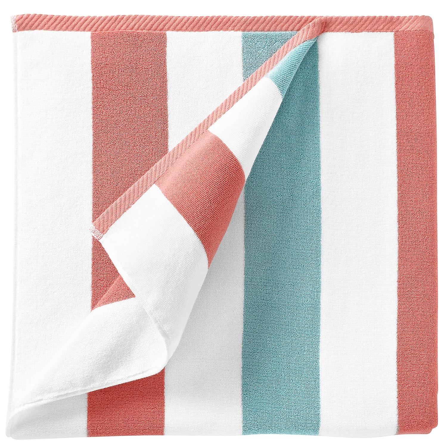 Laguna Beach Textile Co. Striped Cabana Beach Towel - Oversized, Plush 630 GSM Cotton - Coral Orange & Sea Glass Green