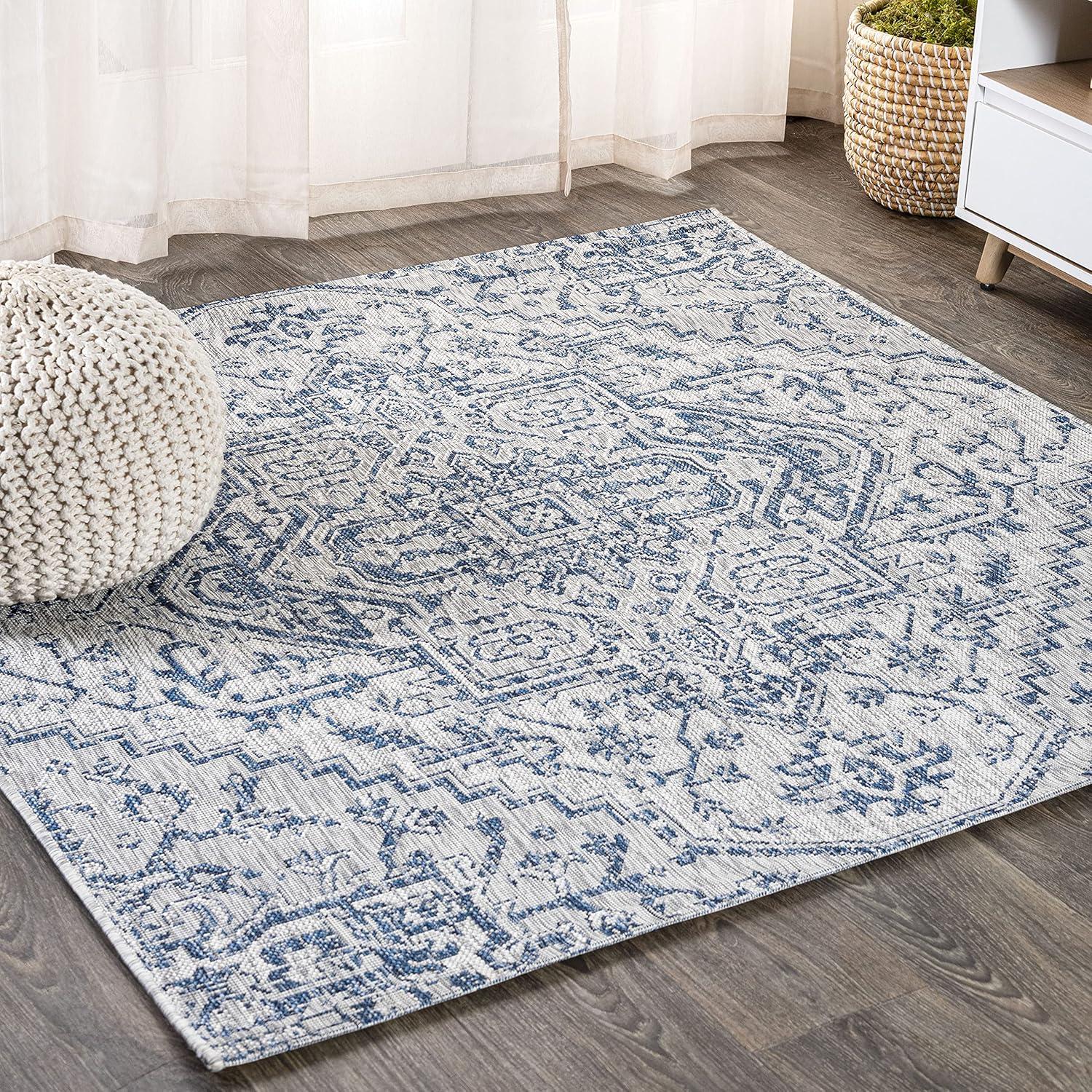 Navy and Gray Synthetic Medallion Square Area Rug