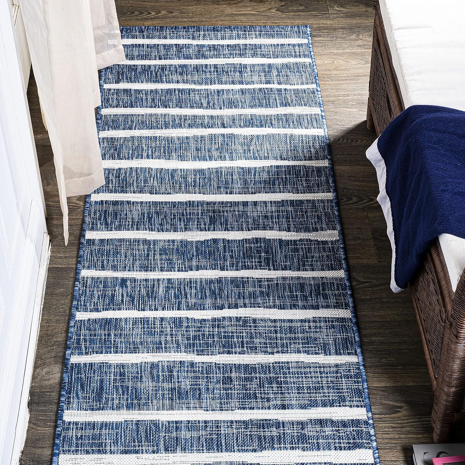 2'x10' Colonia Berber Stripe Indoor/Outdoor Runner Rug, Blue/Ivory - JONATHAN Y