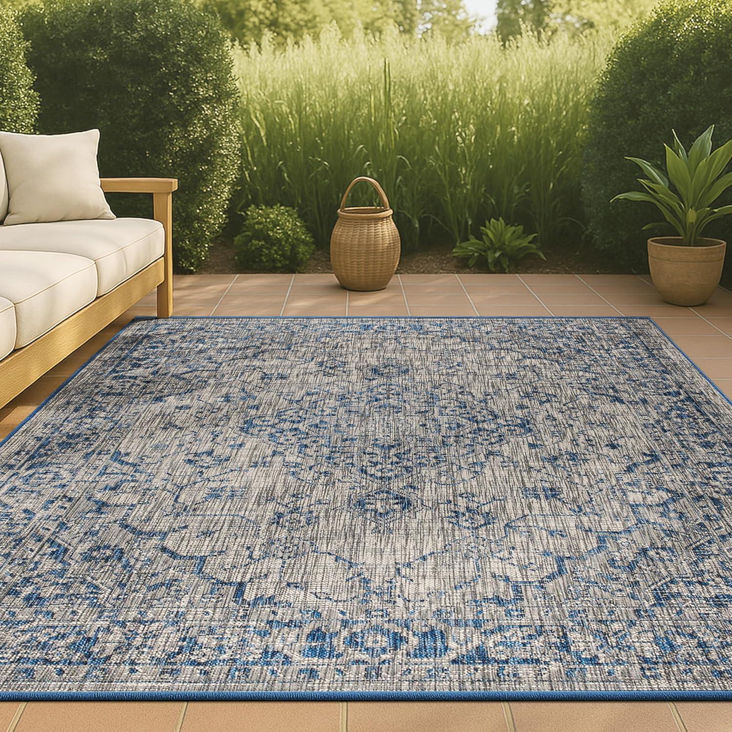 3'x5' Rozetta Boho Medallion Textured Weave Indoor/Outdoor Area Rug, Gray/Navy - JONATHAN Y