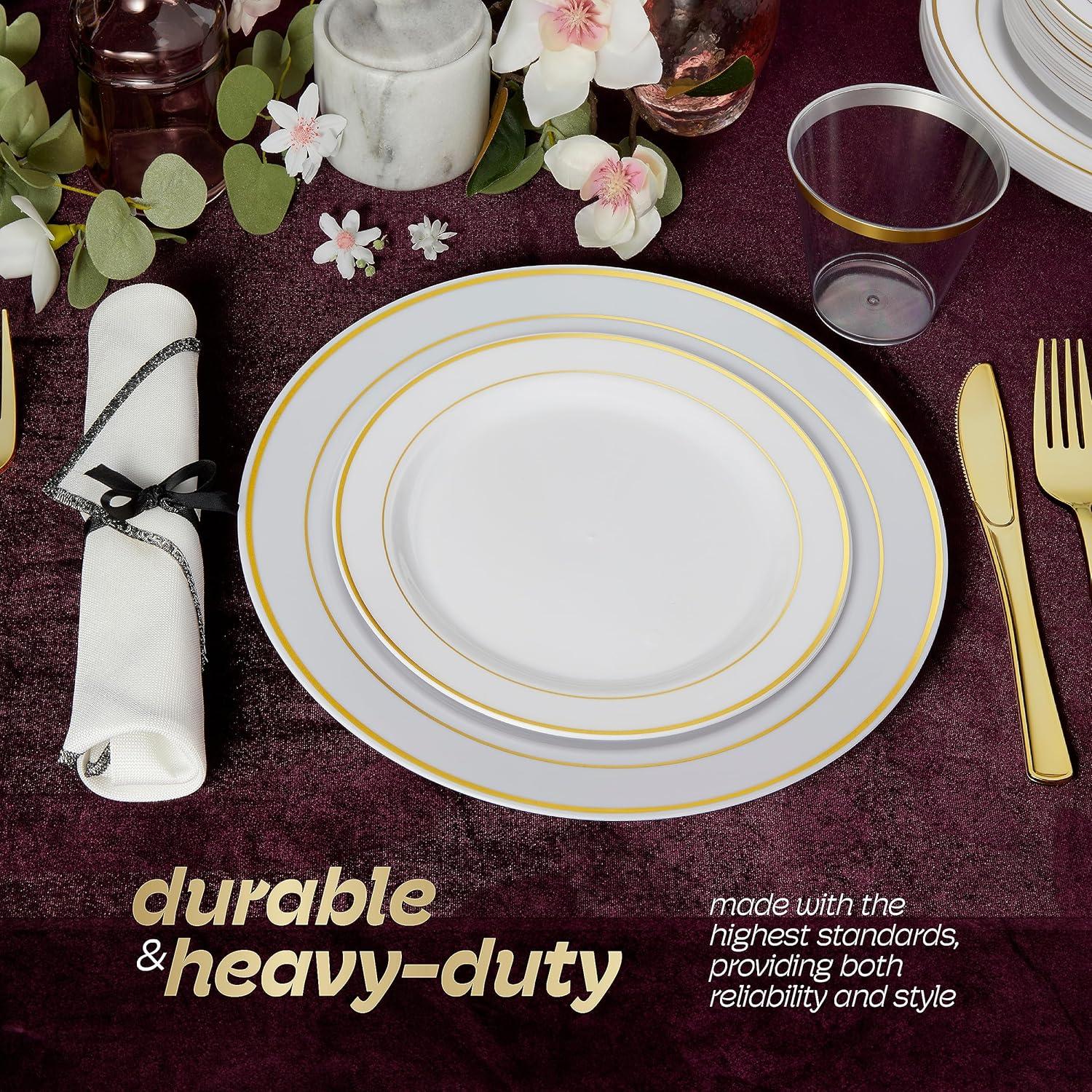 Gold Disposable Dinnerware Set for 100 Guests - 600PC BPA-Free Plastic Plates & Cutlery Kit with 100 Dinner Plates, Salad Plates, Forks, Knives, Spoons & Cups for Wedding, Party, Catering (Heavy-Duty)