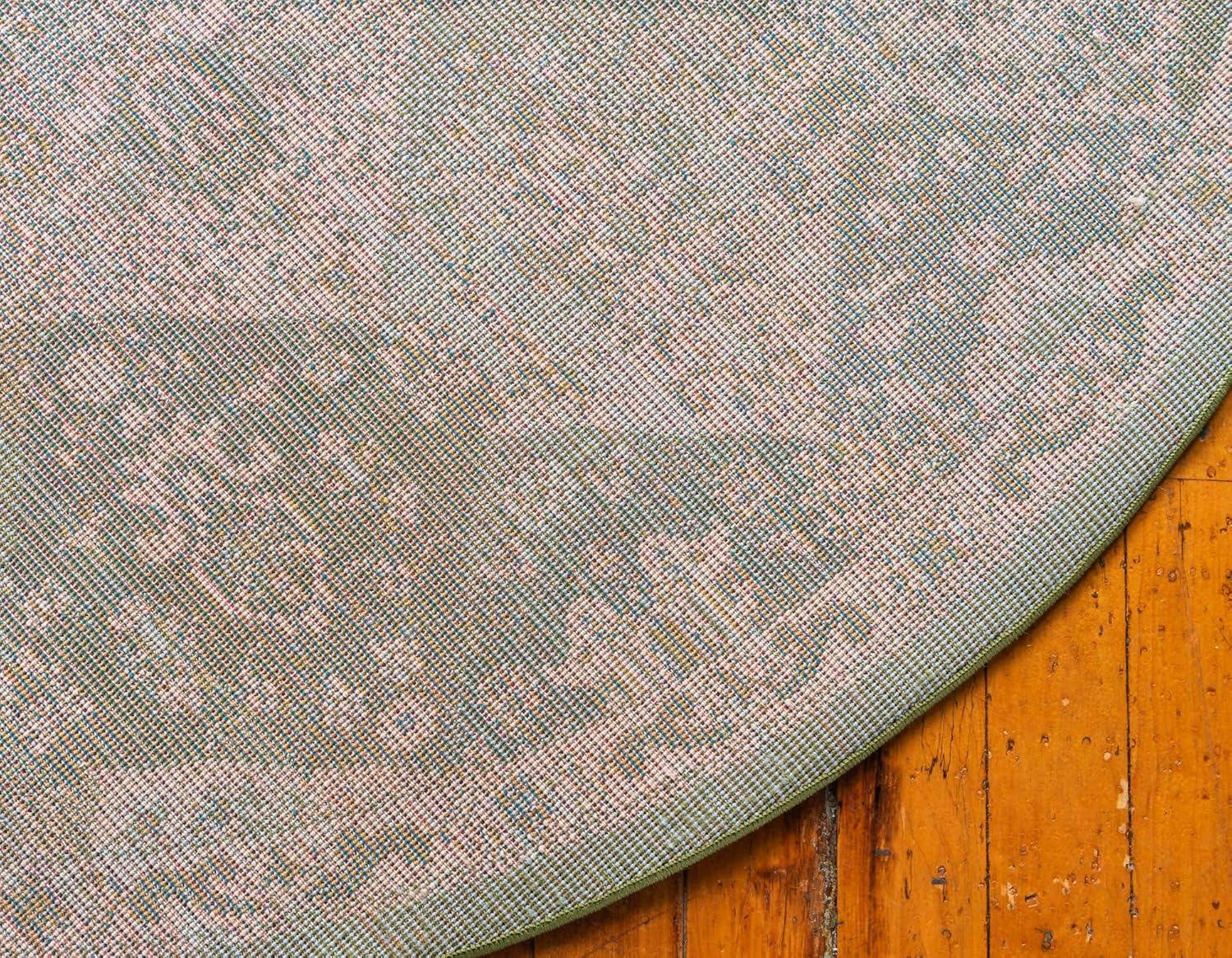 Elegant Geometric Green Round Synthetic Rug - 3'3"