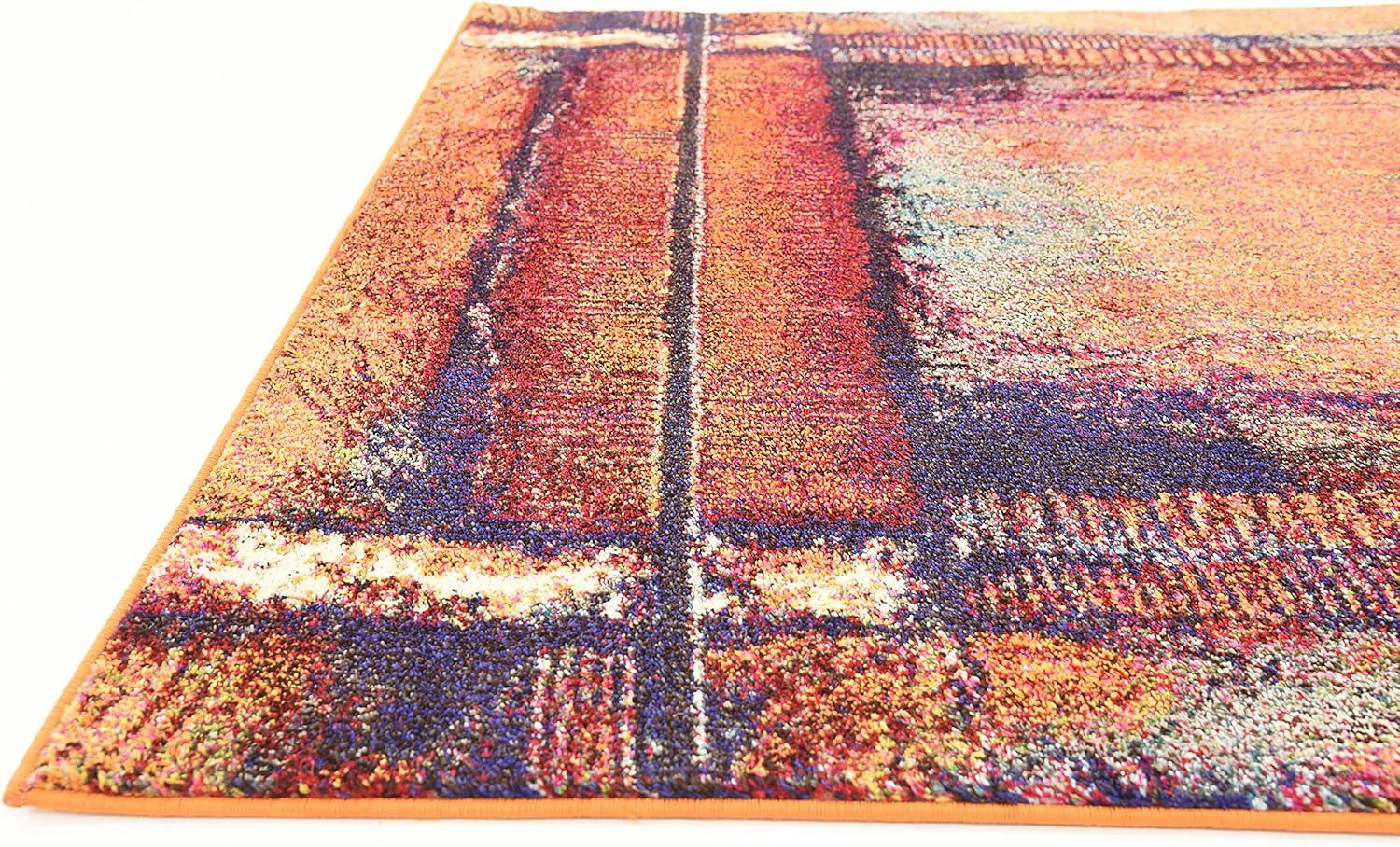 Rectangular Blue Abstract Stain-Resistant Synthetic Rug