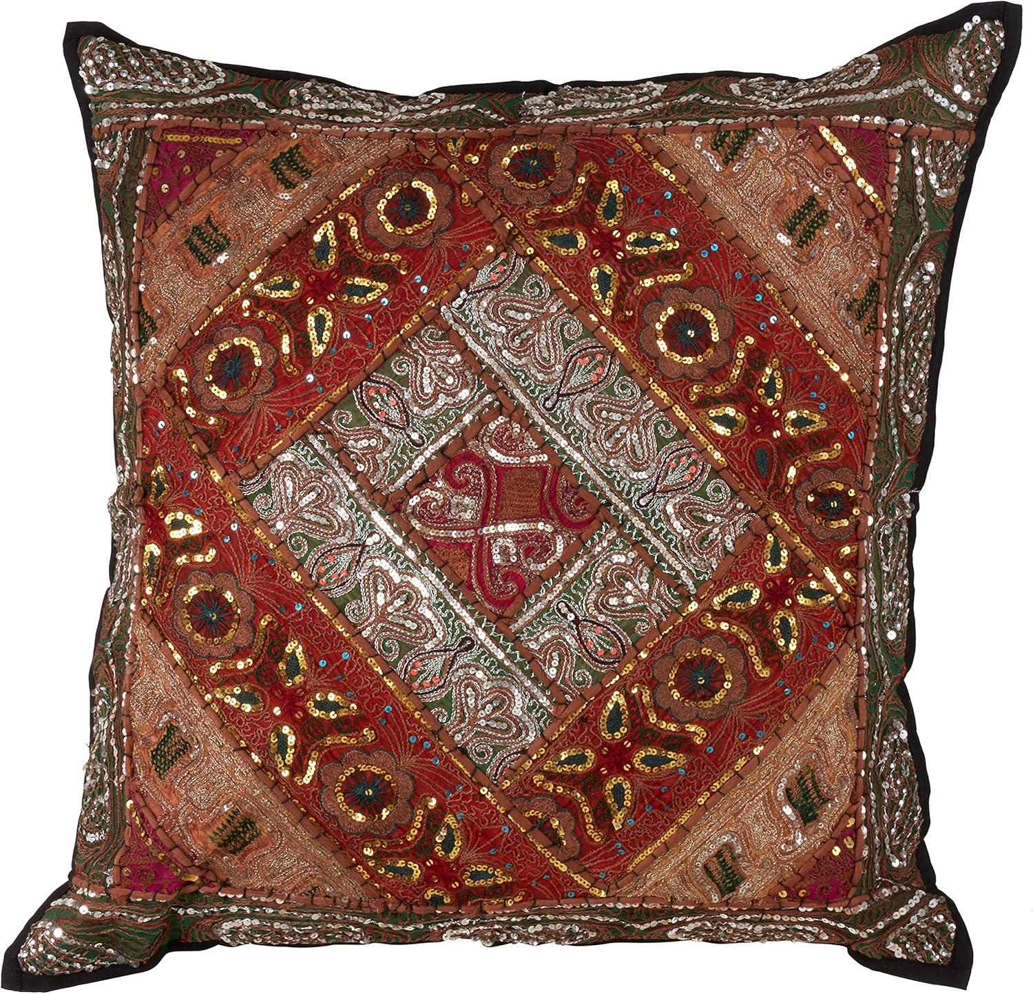 Handmade Sari Sitara Pillow with Beaded Detail, 27" Square