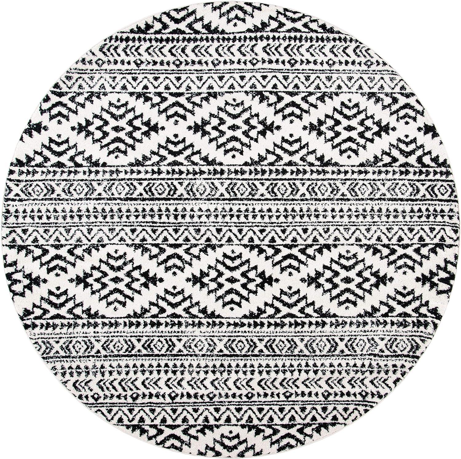 Ivory & Black Moroccan Boho 4' Round Synthetic Area Rug