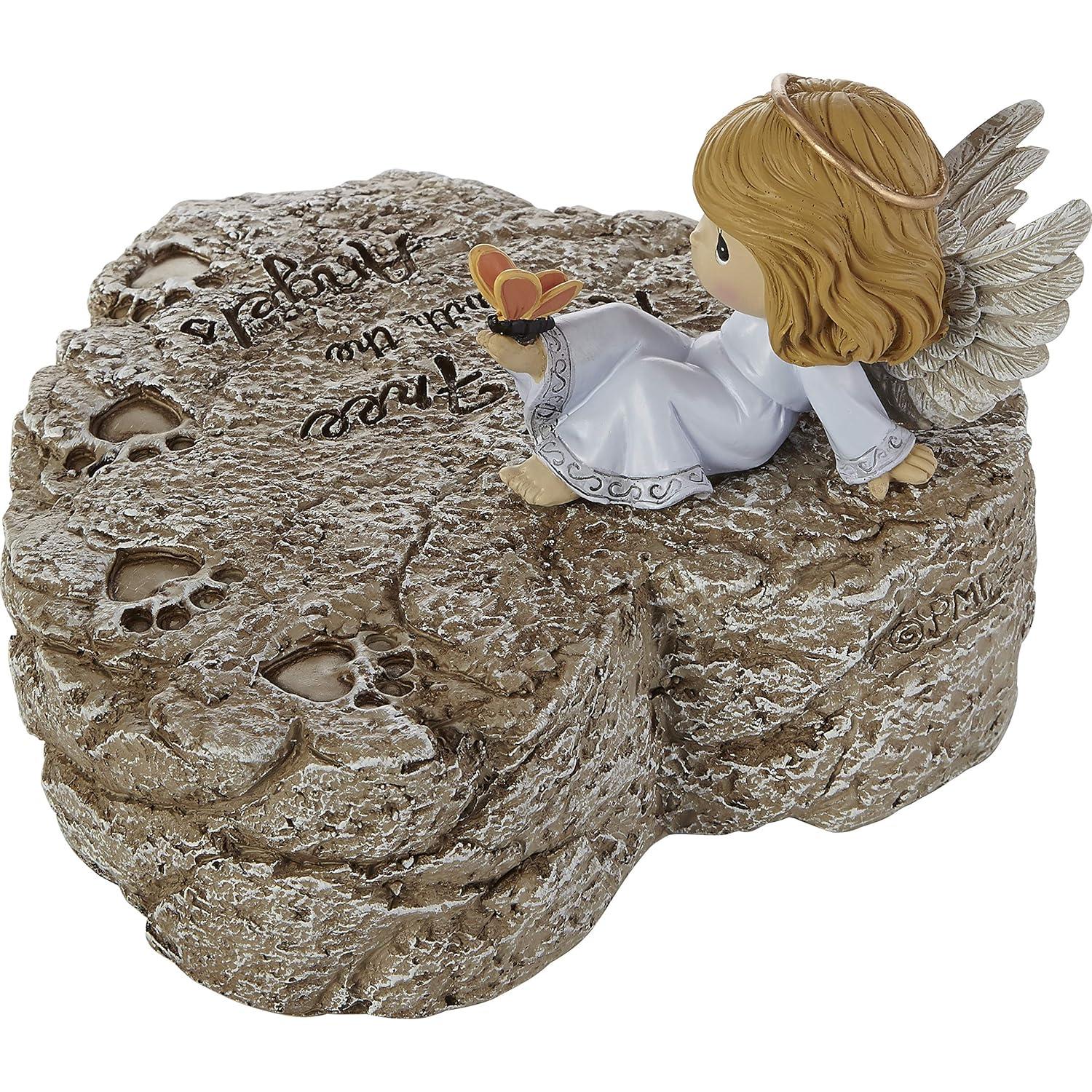 Garden Stone-Angel On Heart Shaped Stone With Paw Prints