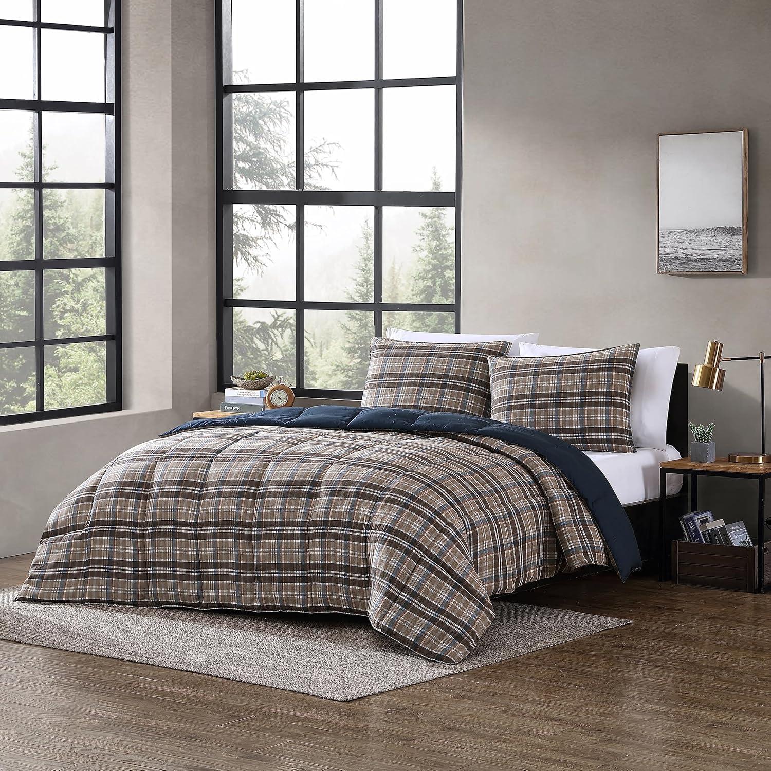 Eddie Bauer Rugged Plaid Brown Microsuede Reversible Duvet Cover Set