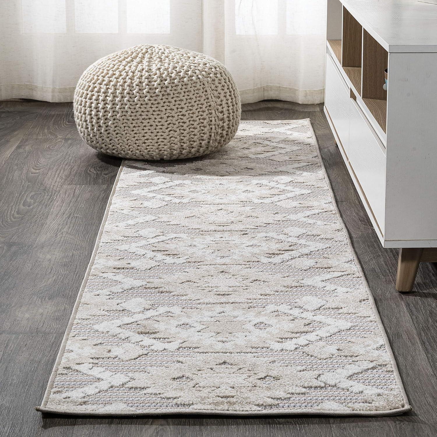 2'x8' Sumak High-Low Pile Neutral Diamond Kilim Indoor/Outdoor Runner Rug, Beige/Gray - JONATHAN Y