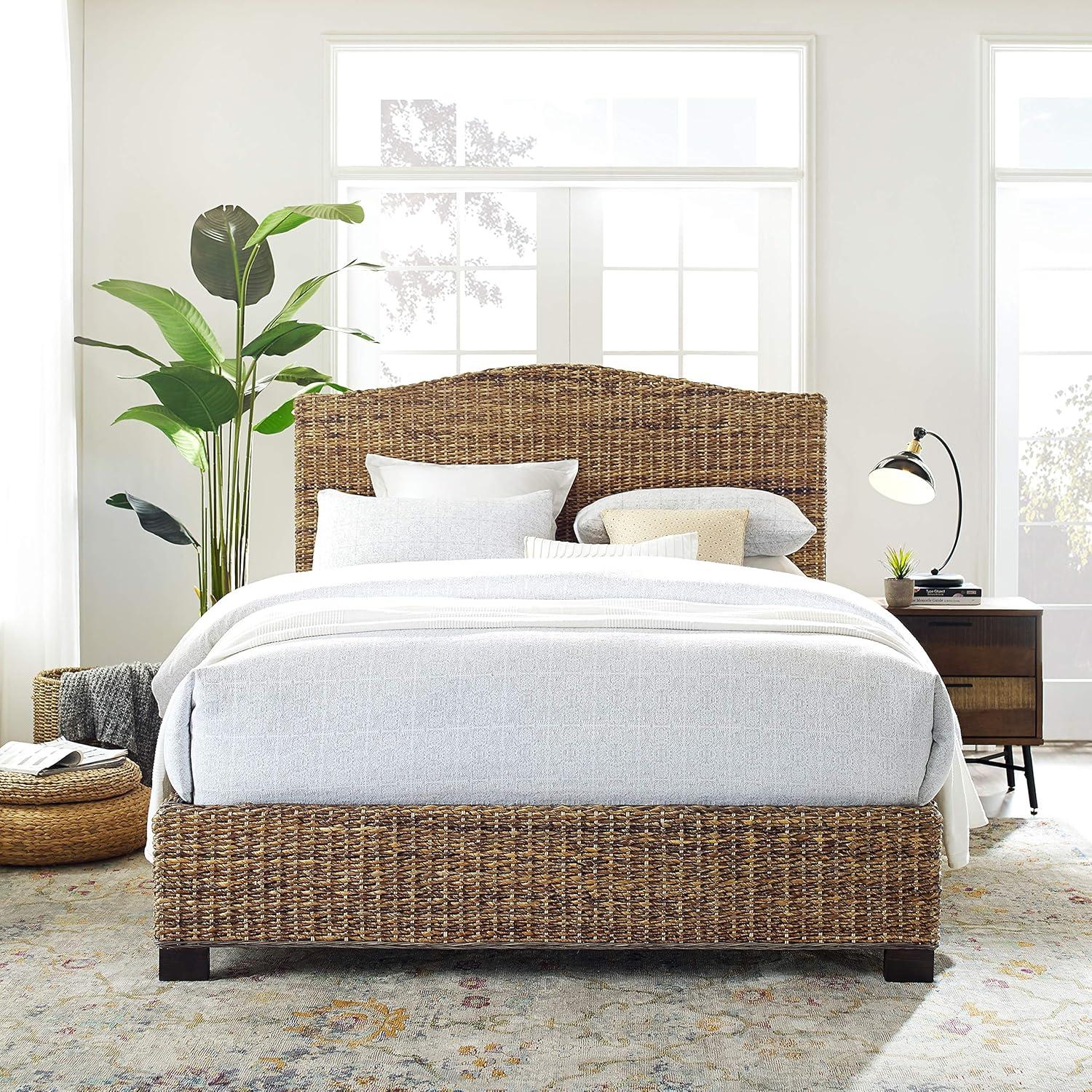 Queen Serena Bed Banana Leaf - Crosley: Coastal Style Plywood & Wood Frame, Curved Headboard Design