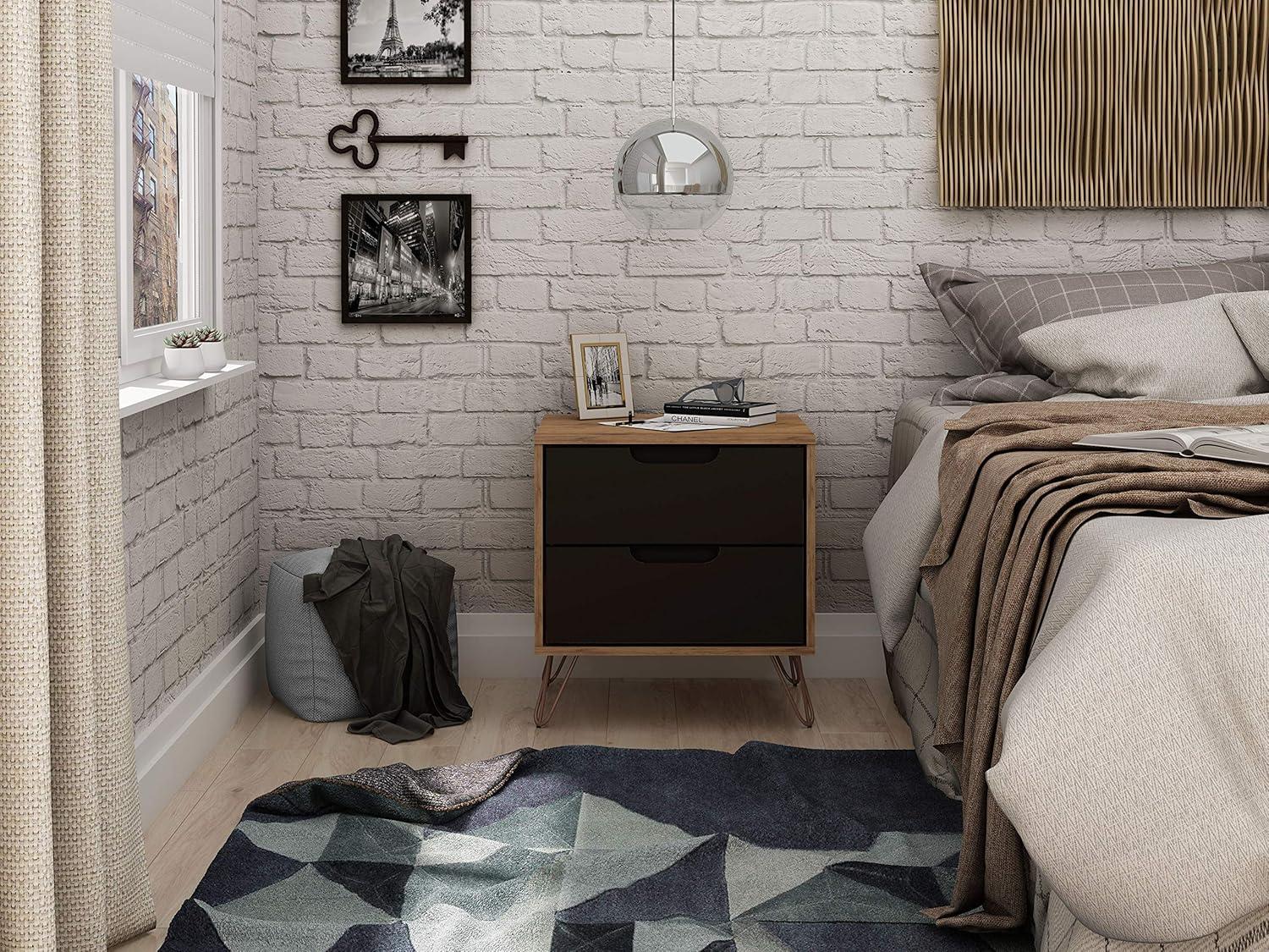 2.0 Rockefeller Nightstand Textured Gray - Manhattan Comfort: Modern Bedside Table, 2 Drawers, Metal Legs