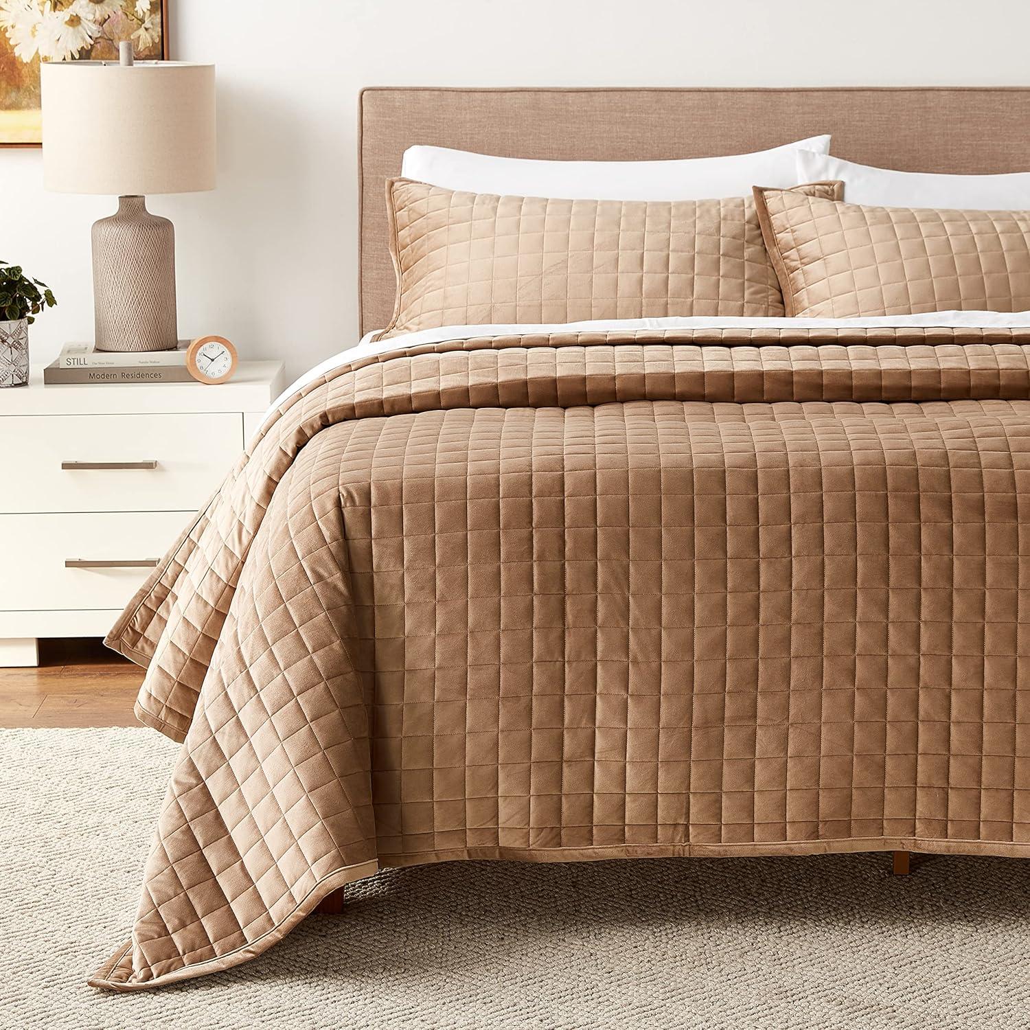 Tribeca Living Florence Velvet Oversized Solid Quilt Set King Taupe