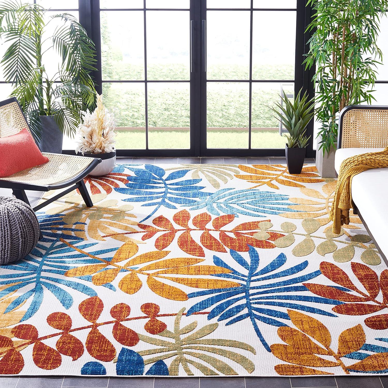 Cabana Creme & Red Floral 8' Square Indoor/Outdoor Easy-Care Rug