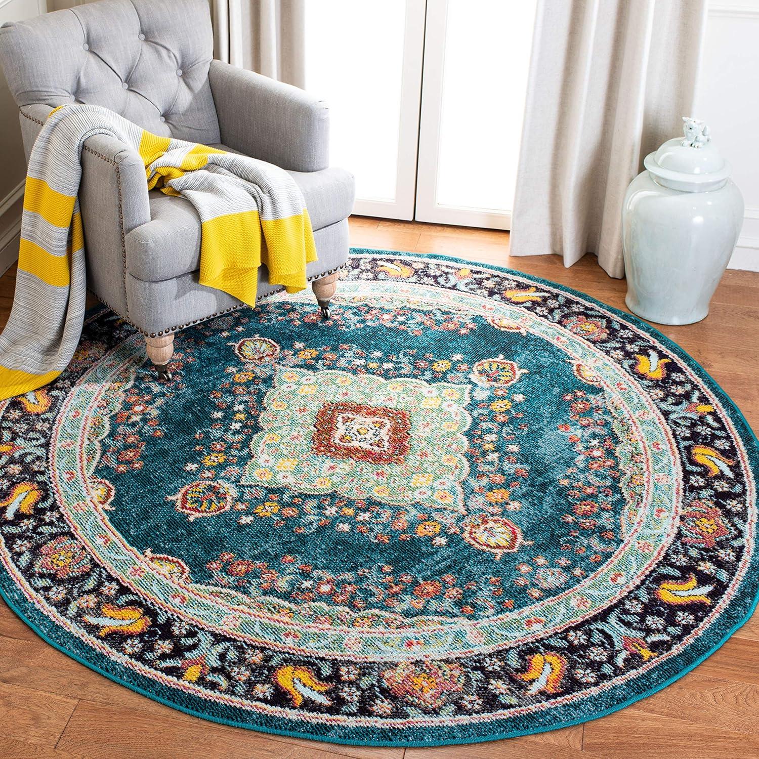 SAFAVIEH Madison Sonam Floral Bordered Area Rug, Navy/Turquoise, 6'7" x 6'7" Round