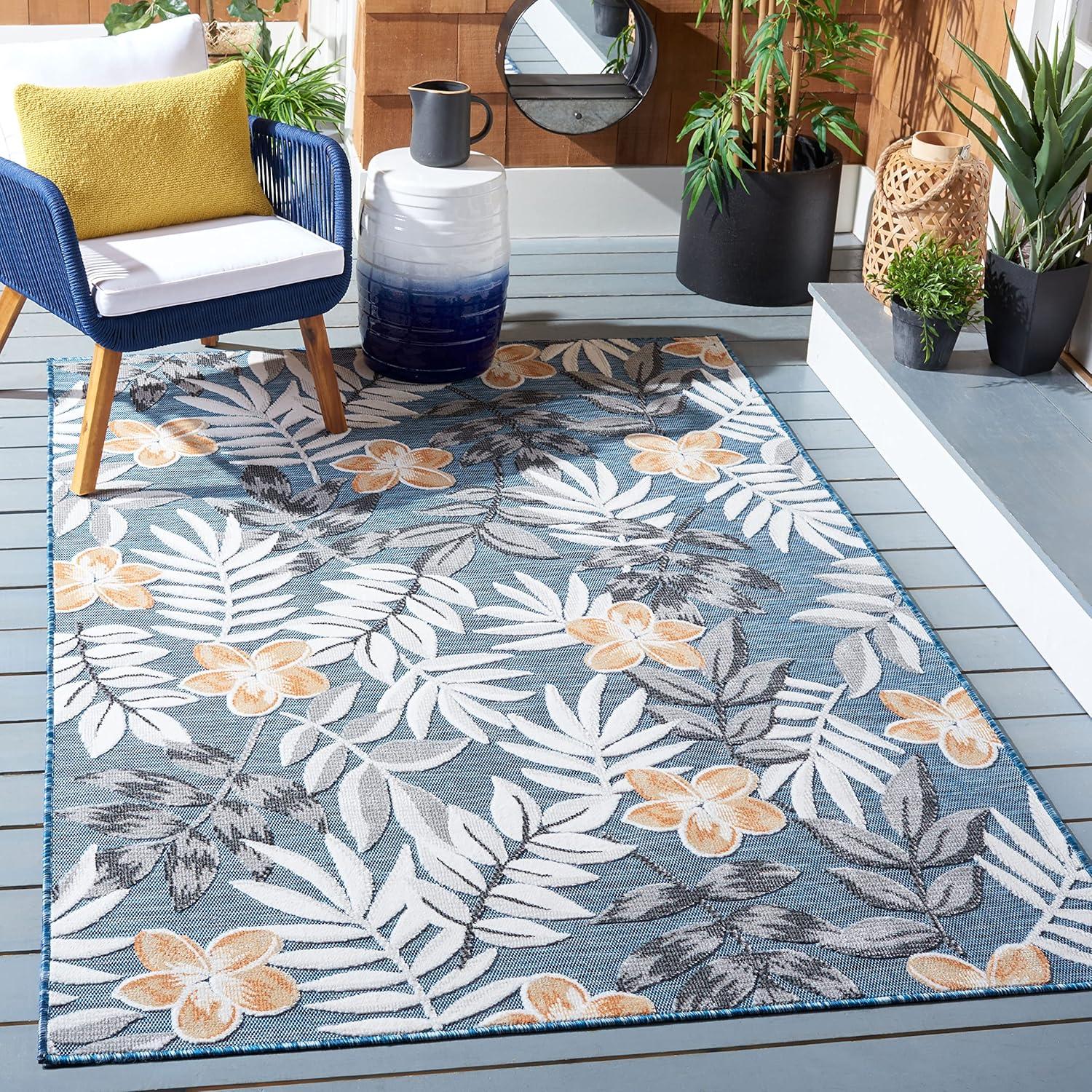 Blue and Grey Floral Synthetic Indoor/Outdoor Area Rug