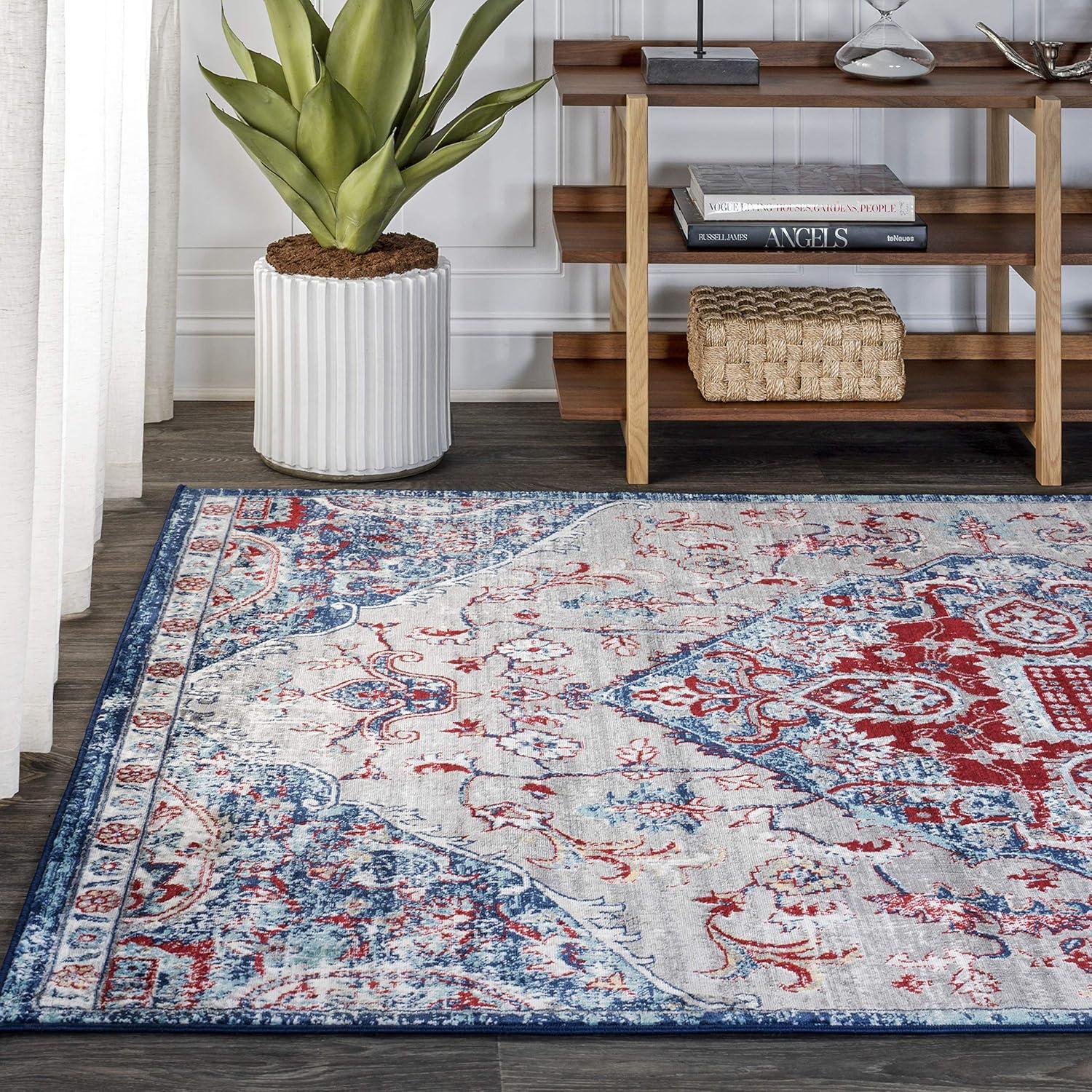 5'x8' Modern Persian Vintage Medallion Area Rug, Red/Navy - JONATHAN Y