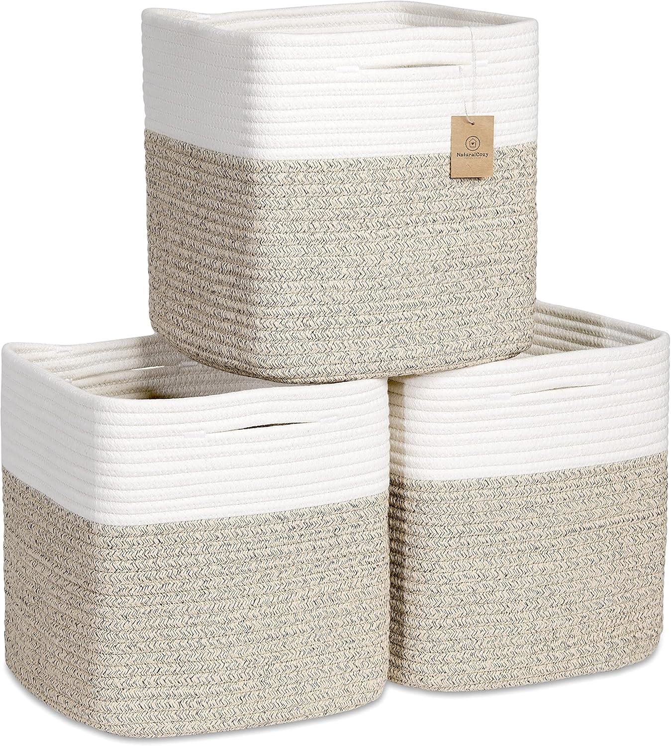 11x11x11 Woven Baskets for Storage - 3 Pack, Cotton Rope Baskets with Leather Handles, White & Light Brown - Cube Storage Organizer for Bedroom, Nursery Room, Living Room