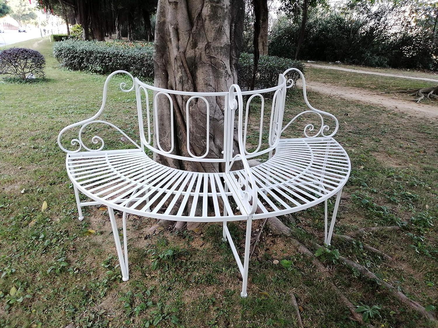 Elegant White Metal Curved Garden Bench with Tree Design