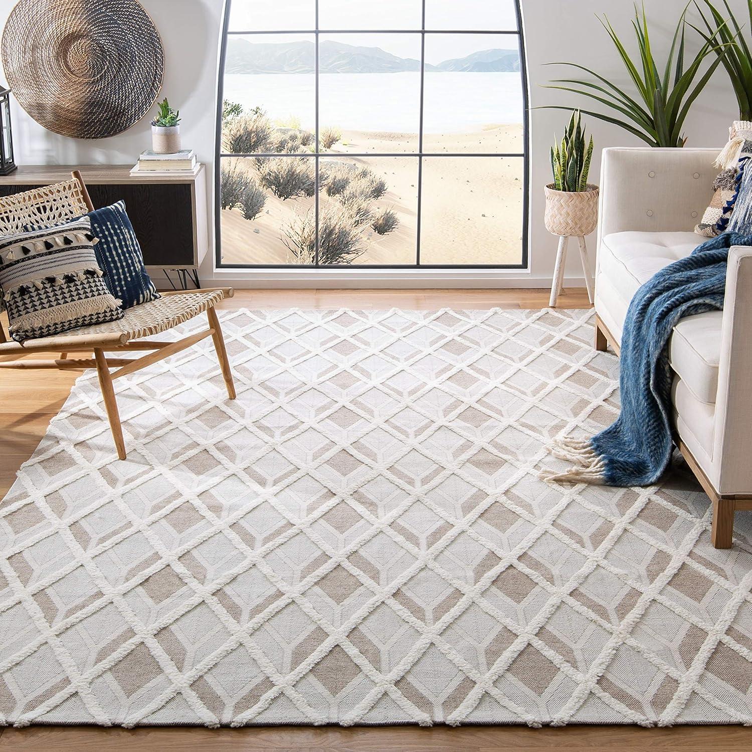 Off-White Geometric Flat Woven Wool 4' x 6' Rug