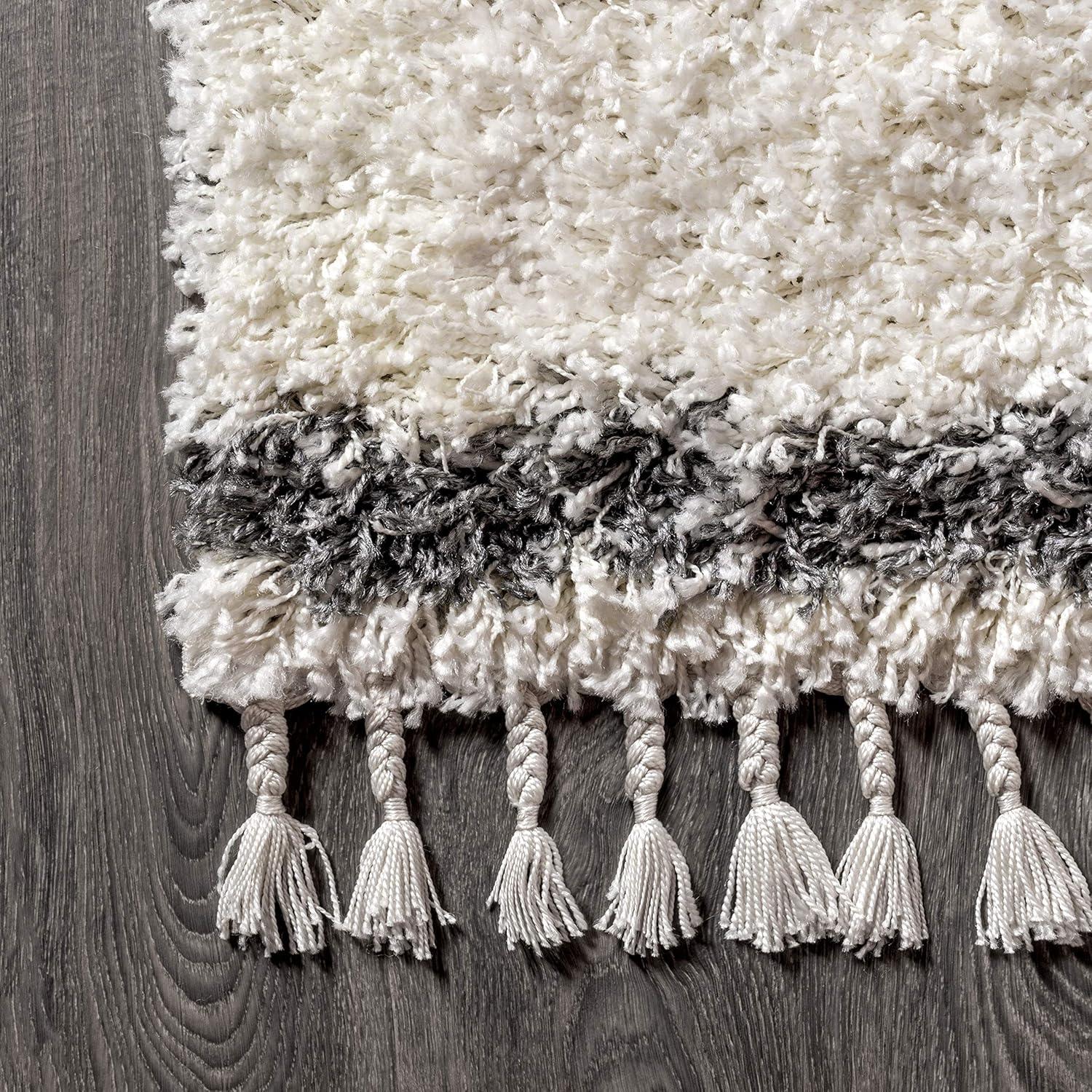 5'x8' Mercer Shag Plush Tassel Moroccan Geometric Trellis Area Rug, Cream/Grey - JONATHAN Y