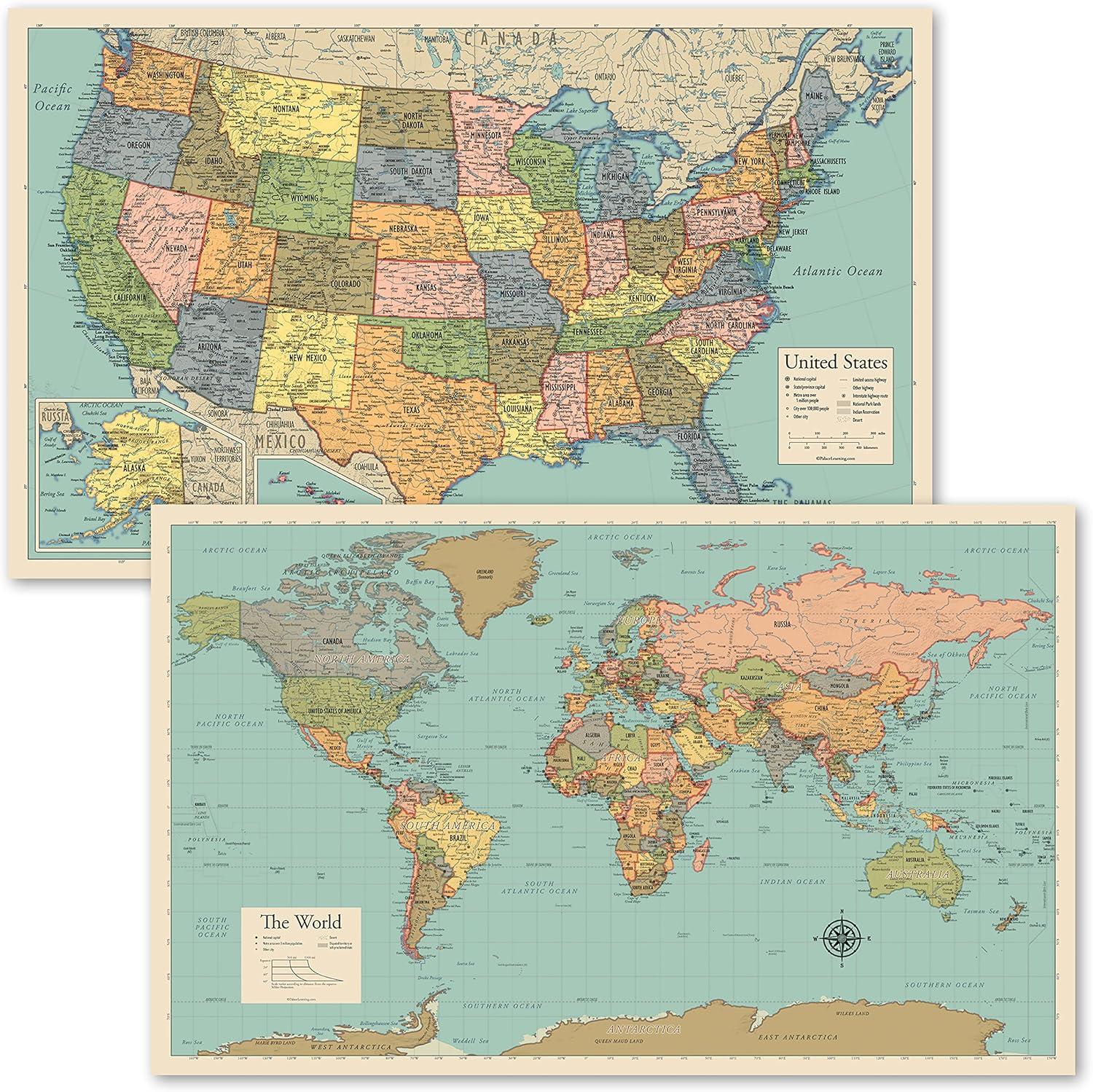 2 Pack - World Map Poster & USA Map Chart [Tan/Color] (LAMINATED, 18â€ x 29â€)