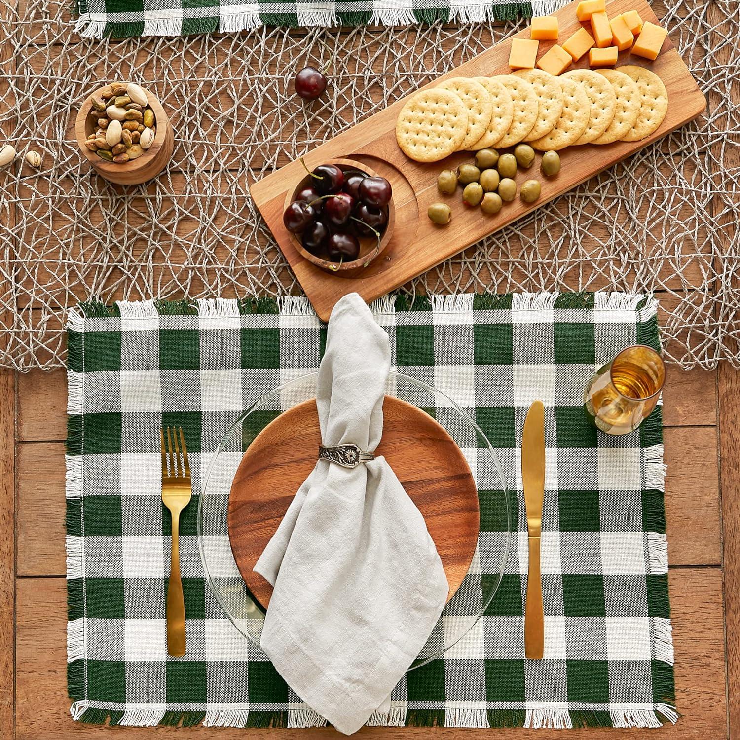 Hunter Green and White Cotton Checkered Fringed Placemats, Set of 6