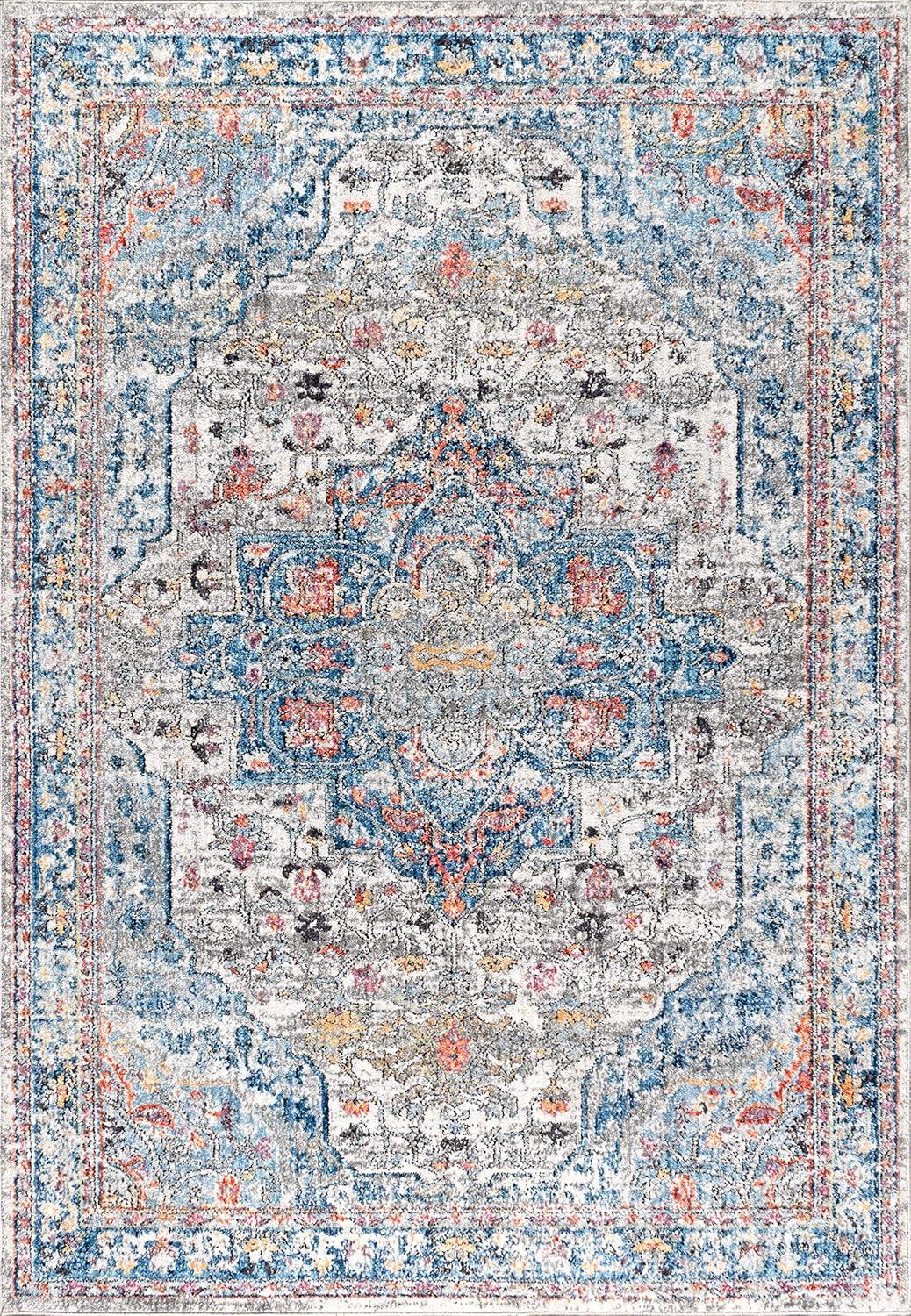 Ivory and Blue Rectangular Medallion Synthetic Area Rug