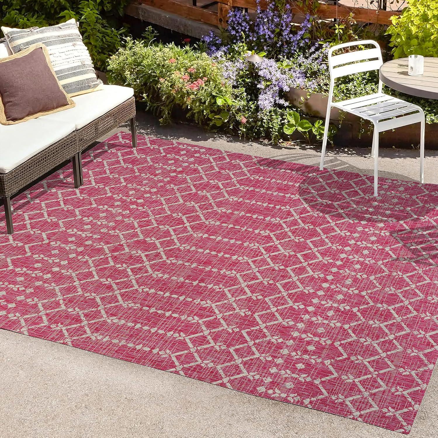 Ourika Moroccan Geometric Textured Weave Fuchsia/Light Gray 4 ft. x 6 ft. Indoor/Outdoor Area Rug