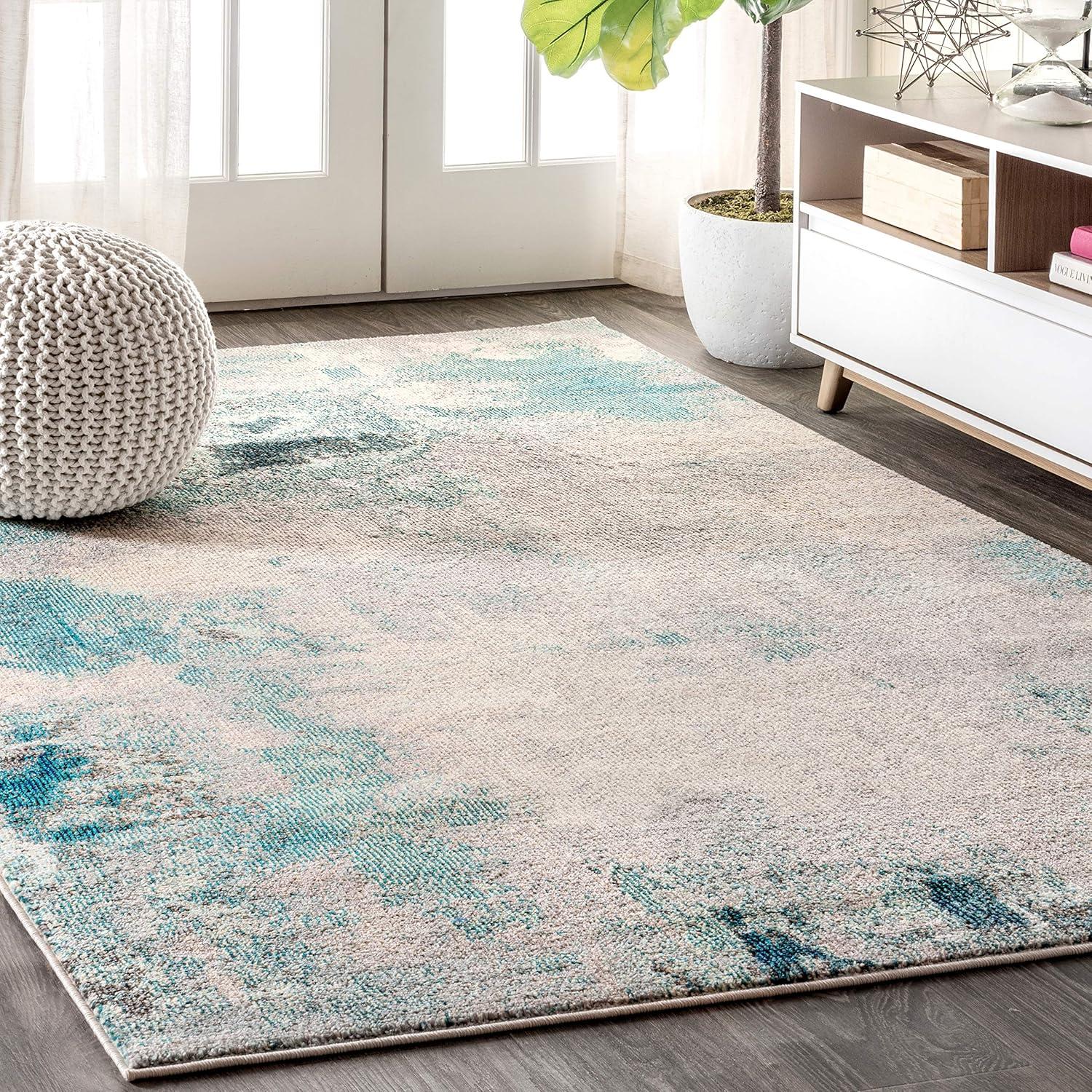 6'x 9' Contemporary POP Modern Abstract Vintage Area Rug, Cream/Blue - JONATHAN Y