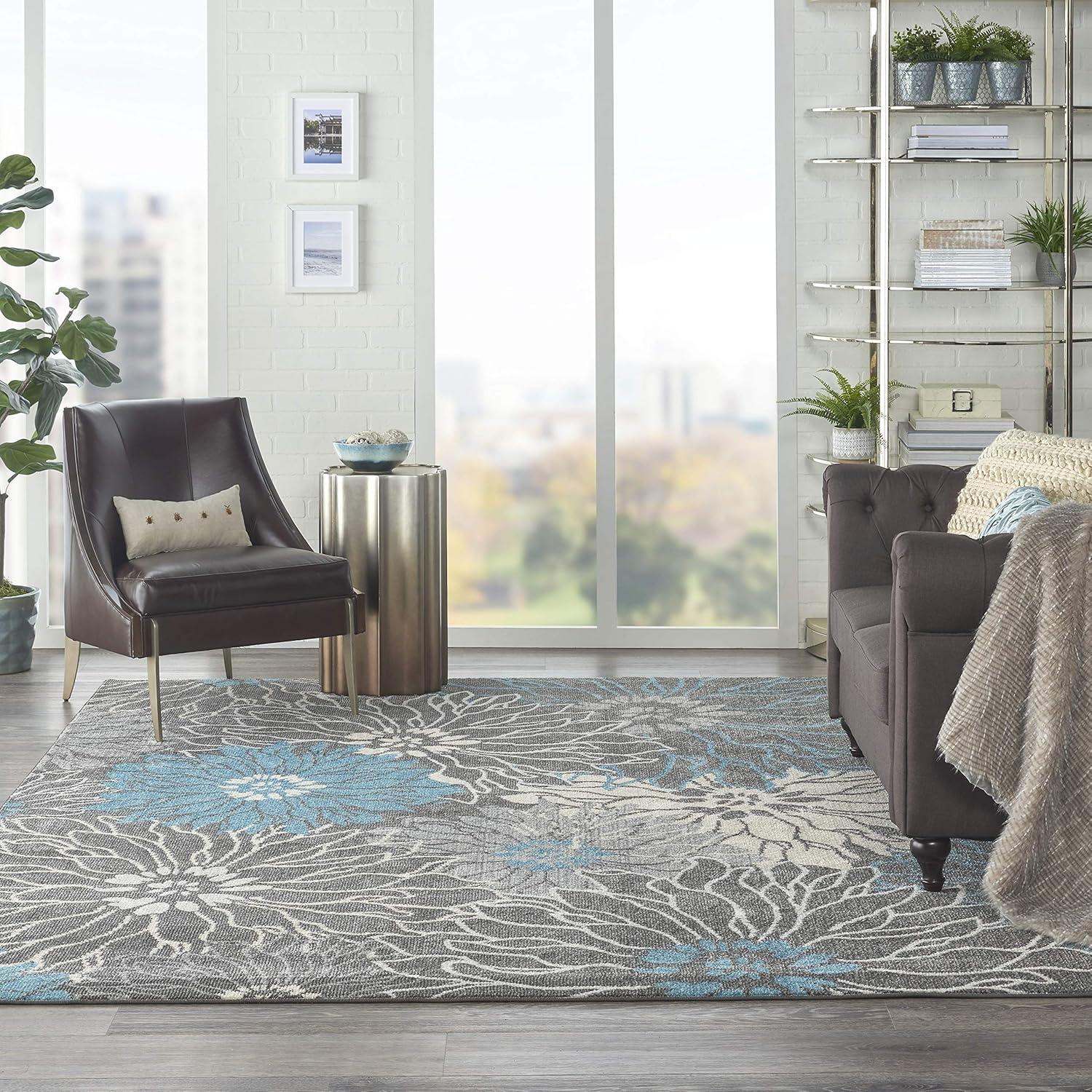 Charcoal and Blue Floral Synthetic Rectangular Area Rug