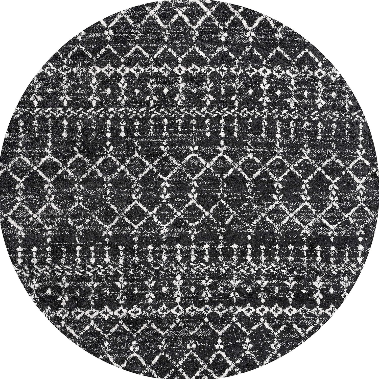 Vintage Moroccan Trellis 5' Round Rug in Black/Ivory