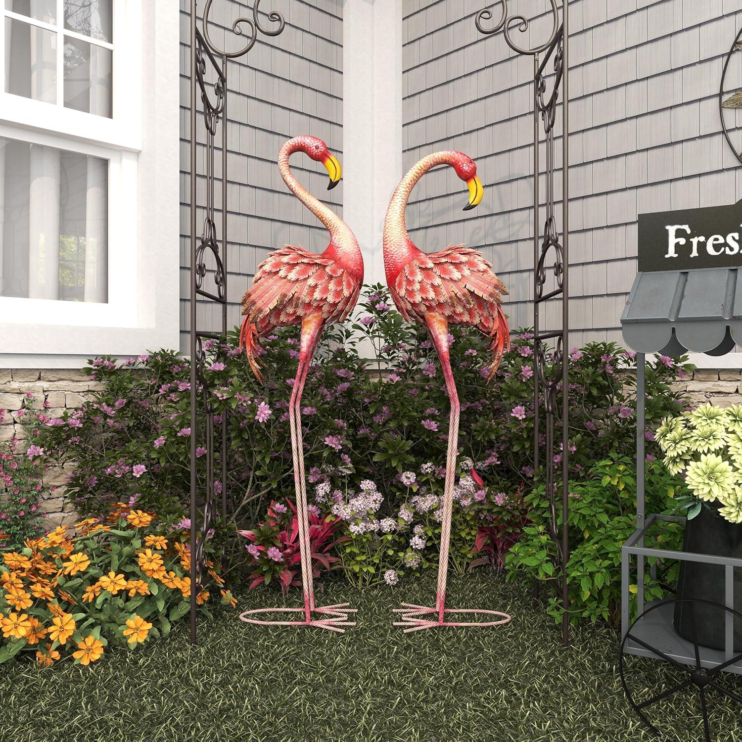 DecMode Coastal Outdoor Metal Standing Pink Flamingo Garden Sculpture, Set of 2 10"W x 38"H