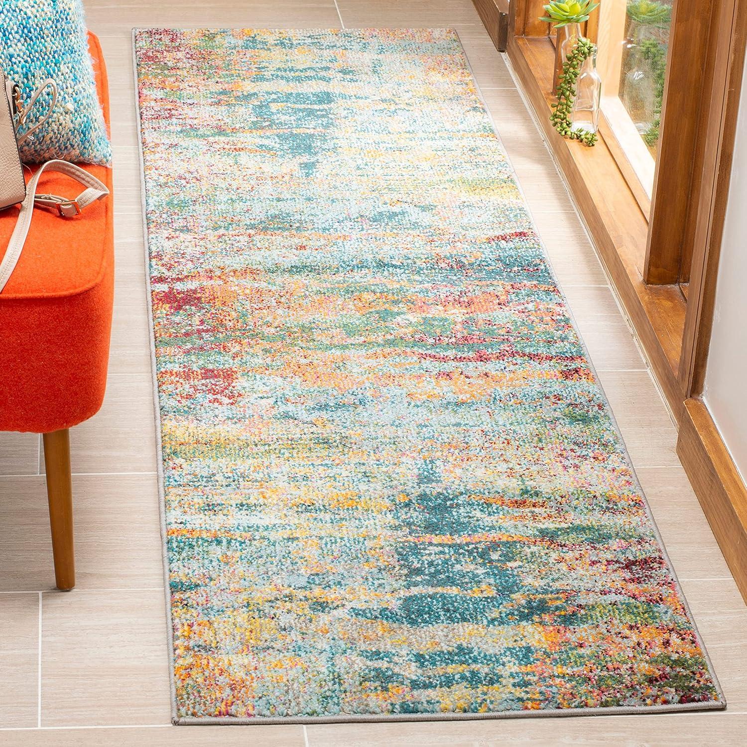 Monaco Teal & Orange Abstract Boho Chic Square Area Rug, 9'x9'