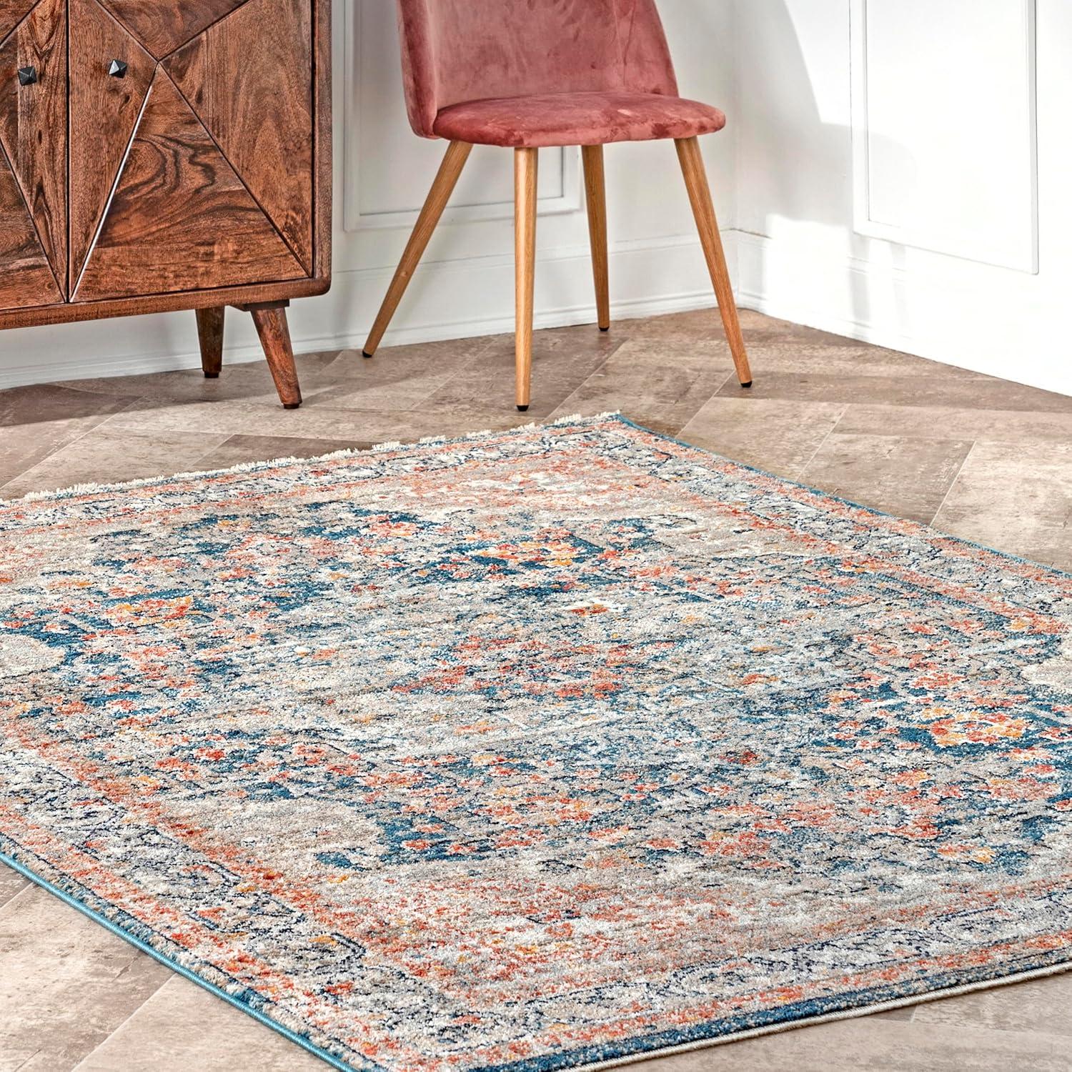 Blue Distressed Synthetic Traditional Medallion Area Rug