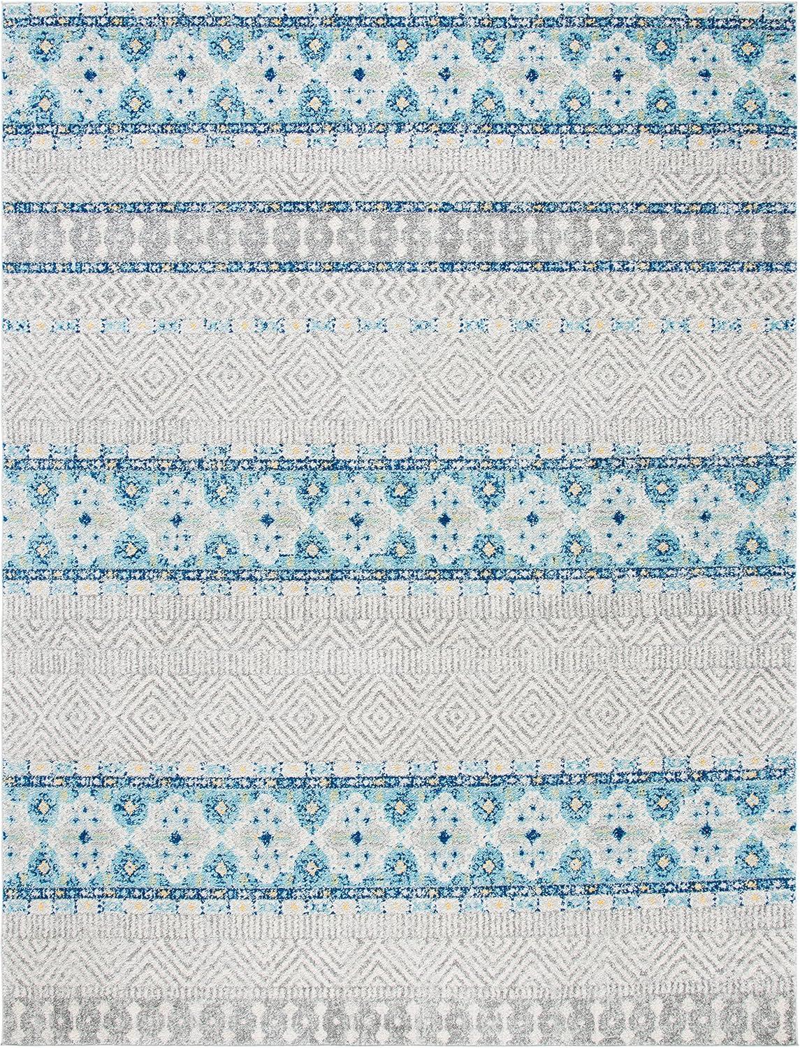 Rectangular 10' x 14' Grey and Turquoise Synthetic Area Rug