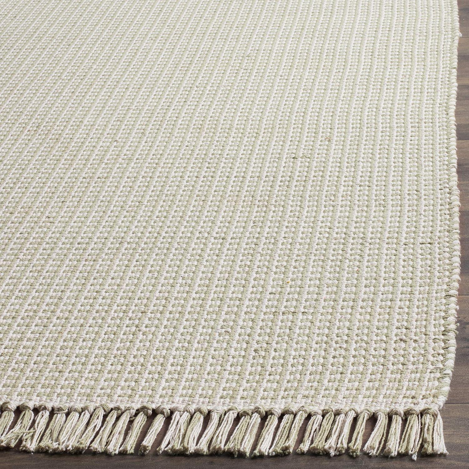 Ivory and Green Handwoven Cotton Runner Rug