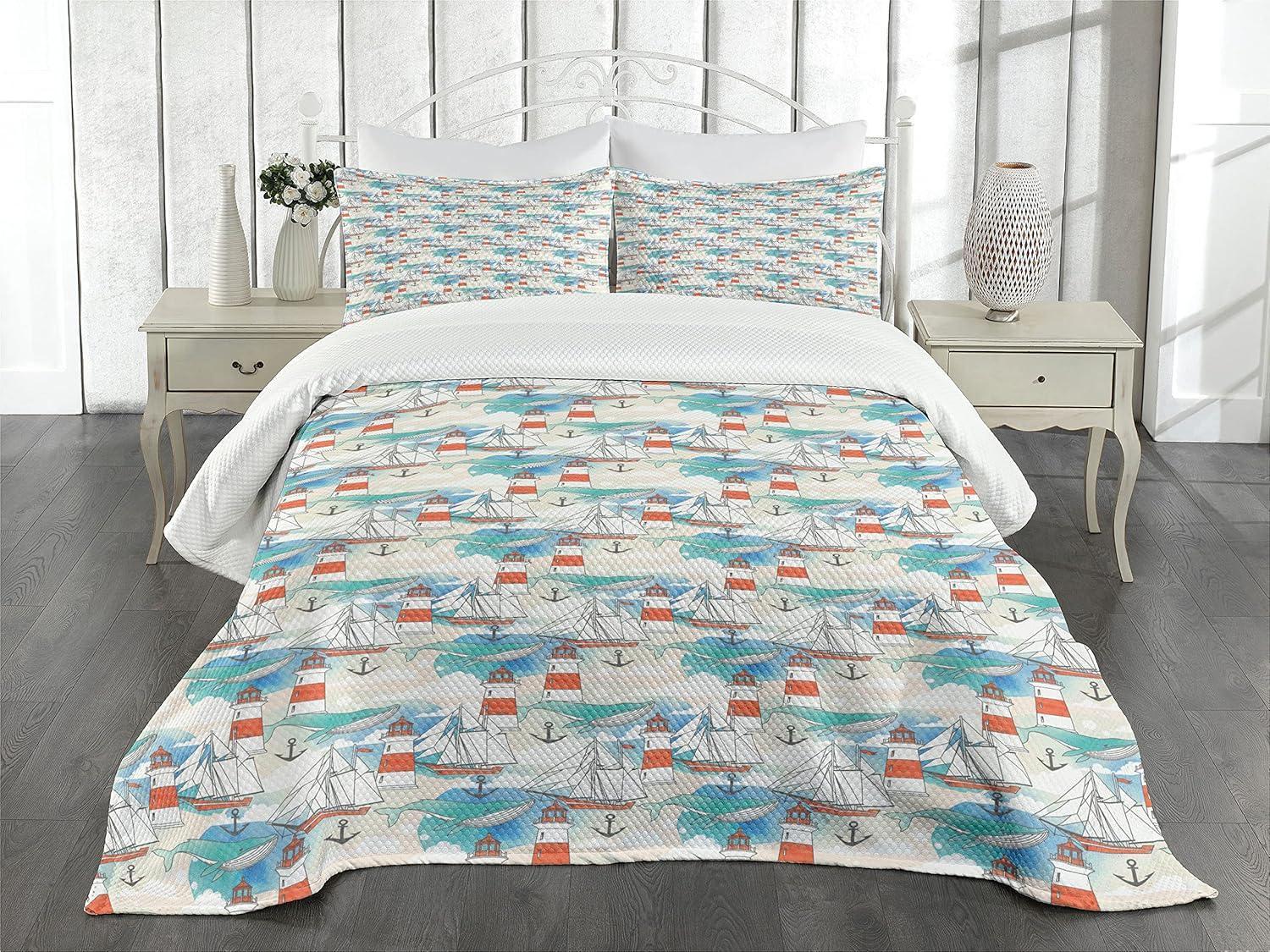 Ambesonne Lighthouse Bedspread Set Nautical Whale Boats Multicolor