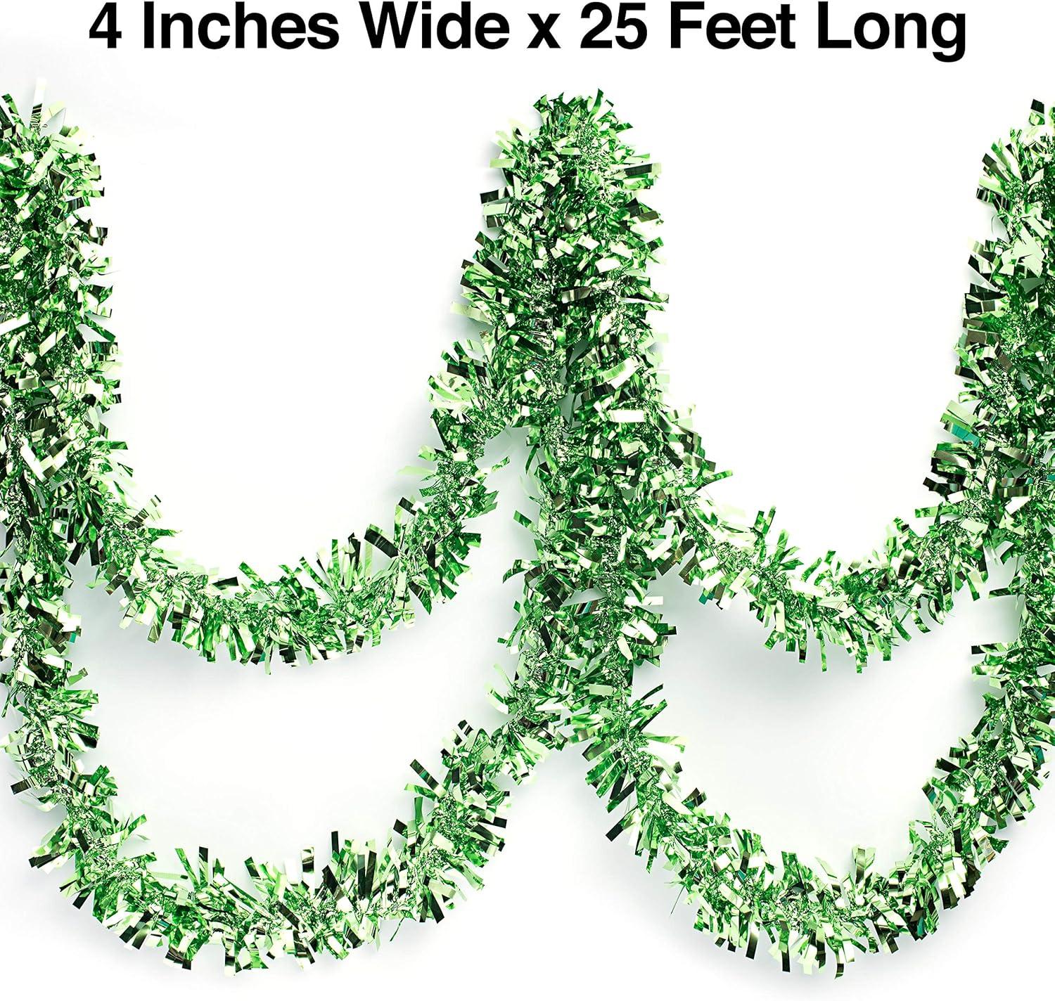 25 ft Long Roll Green Tinsel Twist Garland, Shiny Metallic Foil decorations for Parade Floats, Halloween, Christmas Eve, New Year Parties (4" x 25' roll, Green)