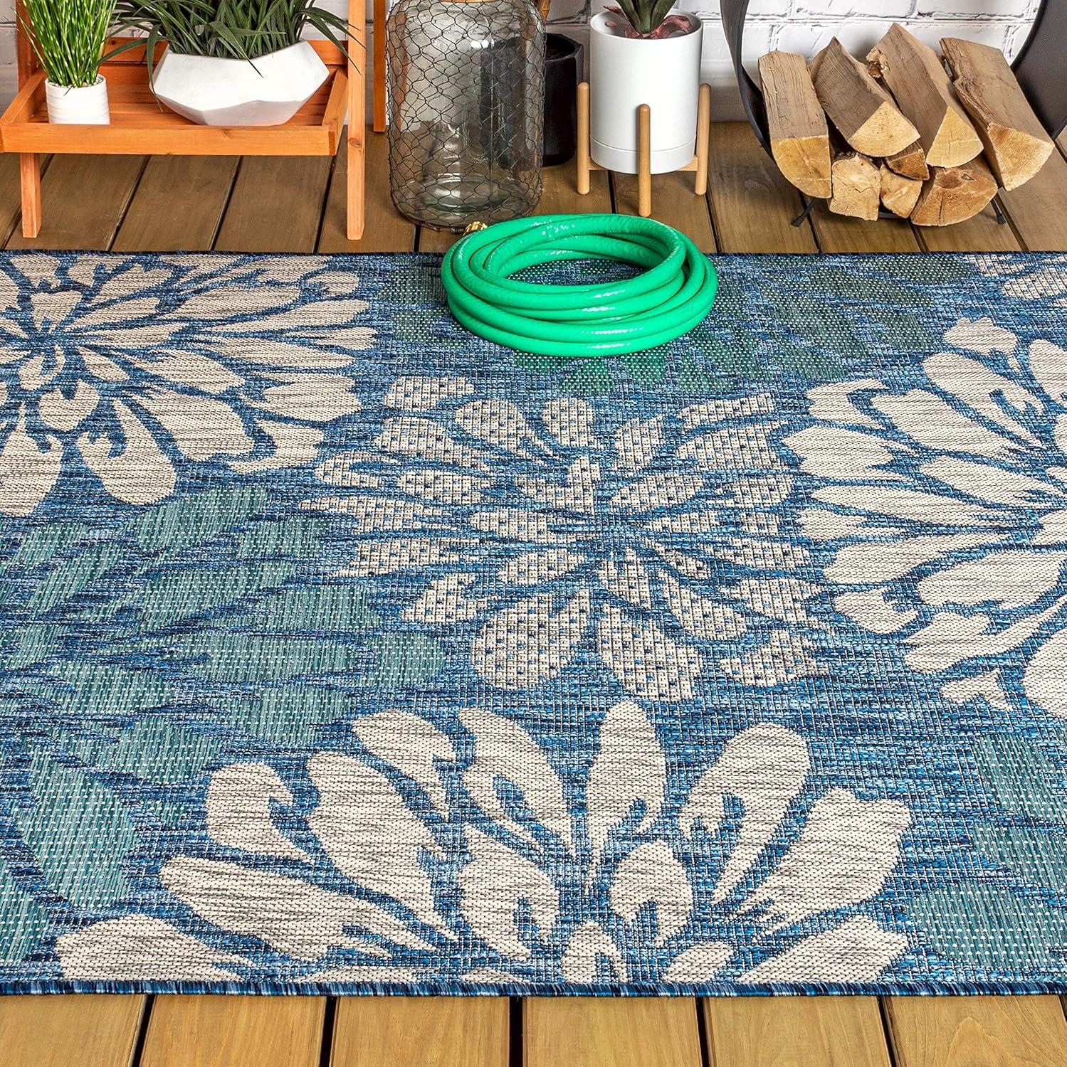 3'x5' Zinnia Modern Floral Textured Weave Indoor/Outdoor Area Rug, Navy/Aqua - JONATHAN Y