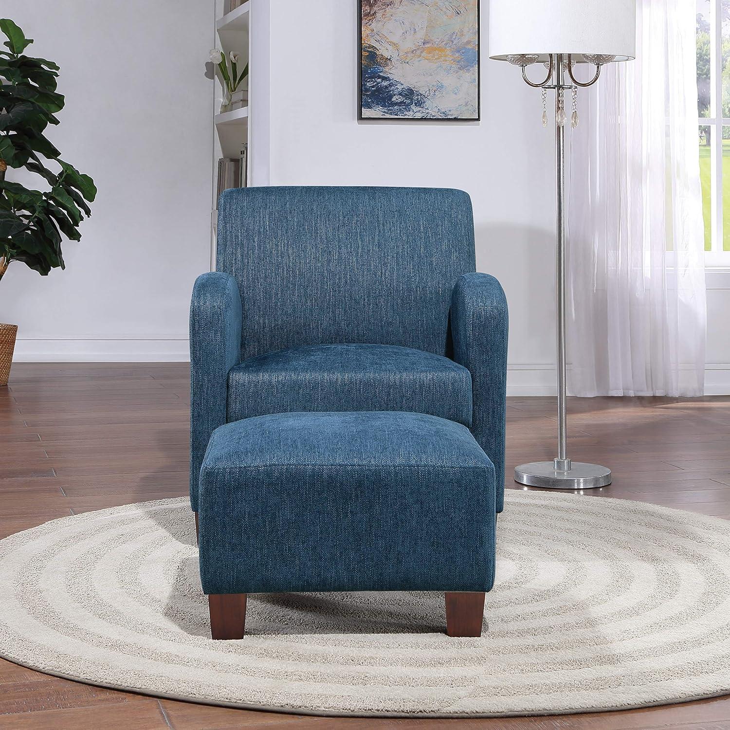 Navy Herringbone Faux Leather Accent Chair with Ottoman