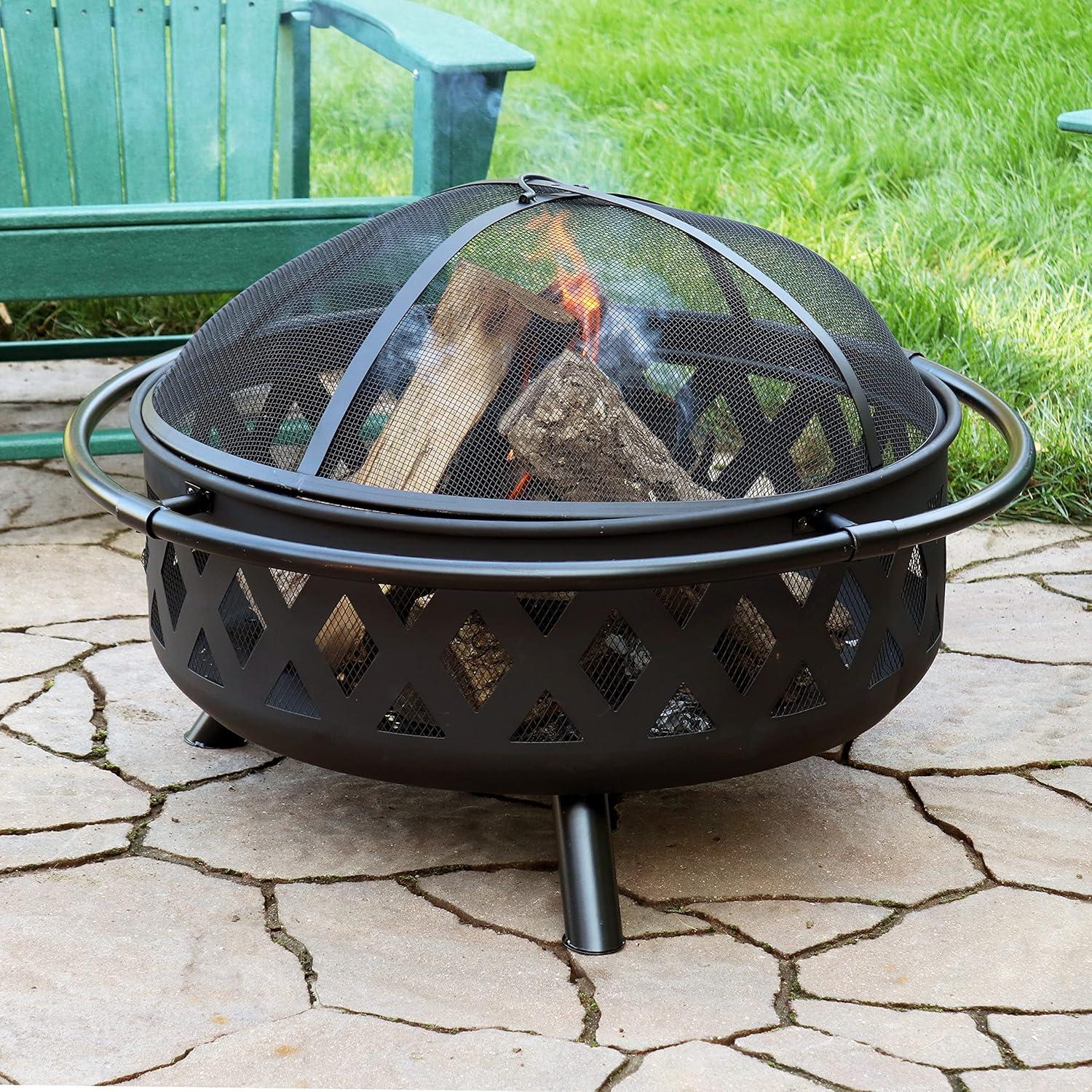 Sunnydaze Crossweave Heavy-Duty Steel Outdoor Fire Pit with Spark Screen, Poker, Grill, and Cover - Black