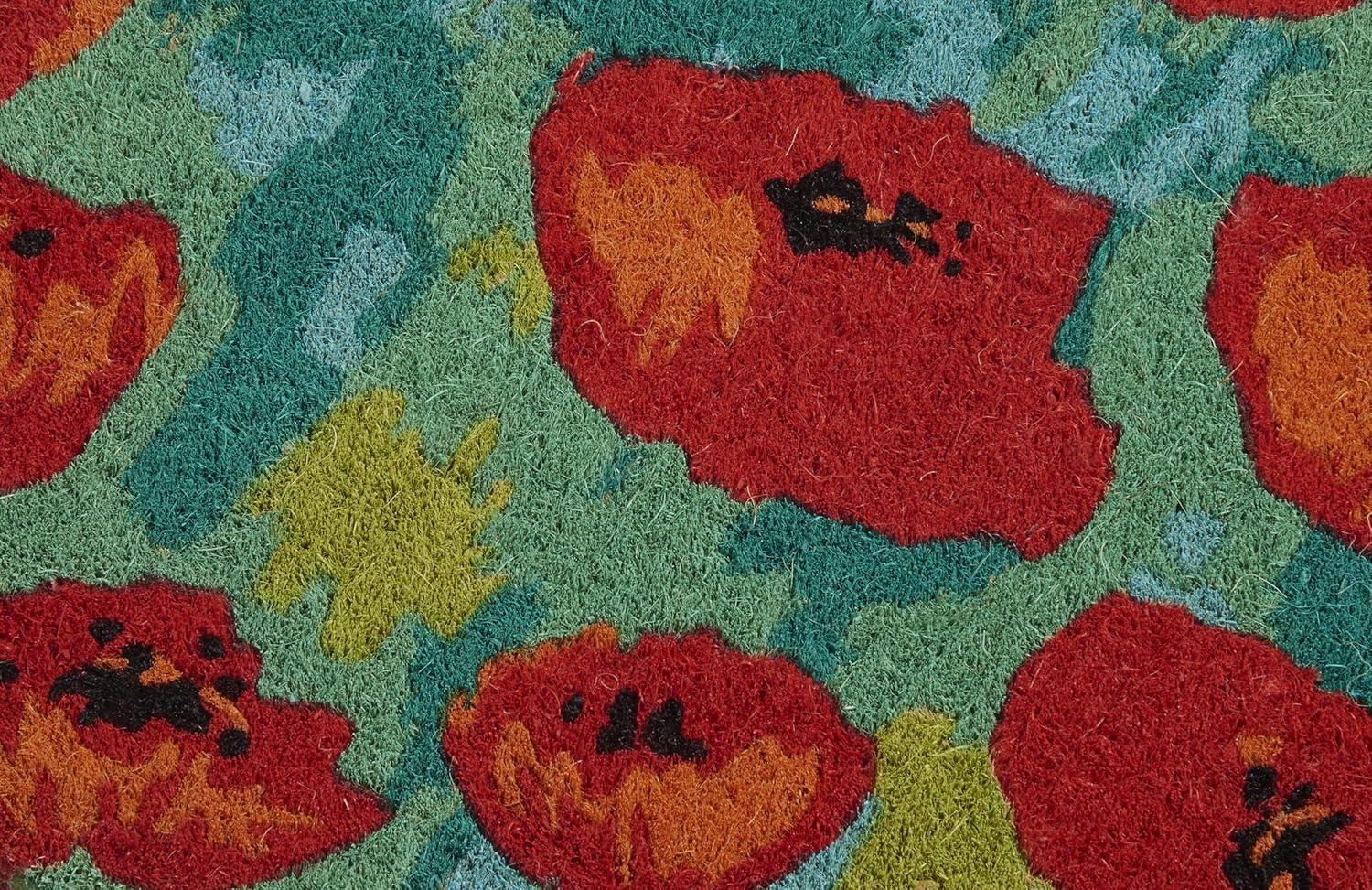 FH Home Floral Extra Thick Doormat - Handwoven, Durable - Natural Coir - Entryway, Front Door, Porch, Patio - Field of Poppies Red (18" x 30" Thick)