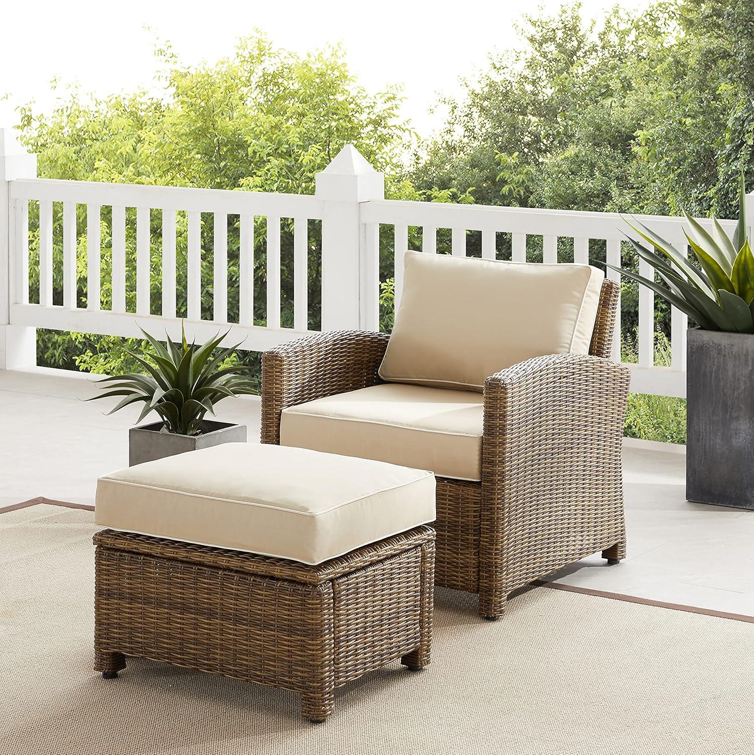 Crosley Furniture Bradenton 2PC Wicker / Rattan Armchair & Ottoman in Sand/Brown