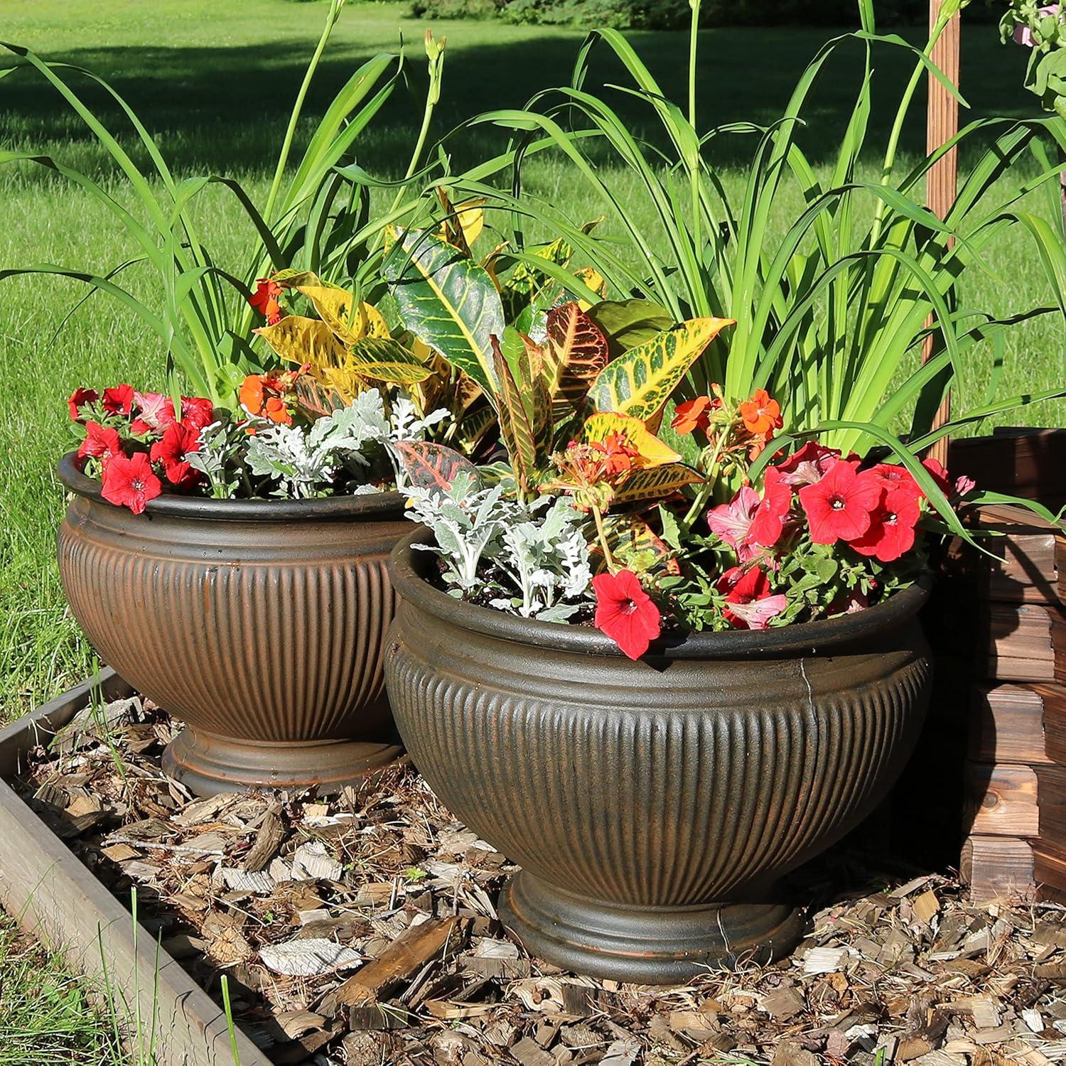 Elizabeth Rust Polyresin Ribbed Urn Planter Set of 2