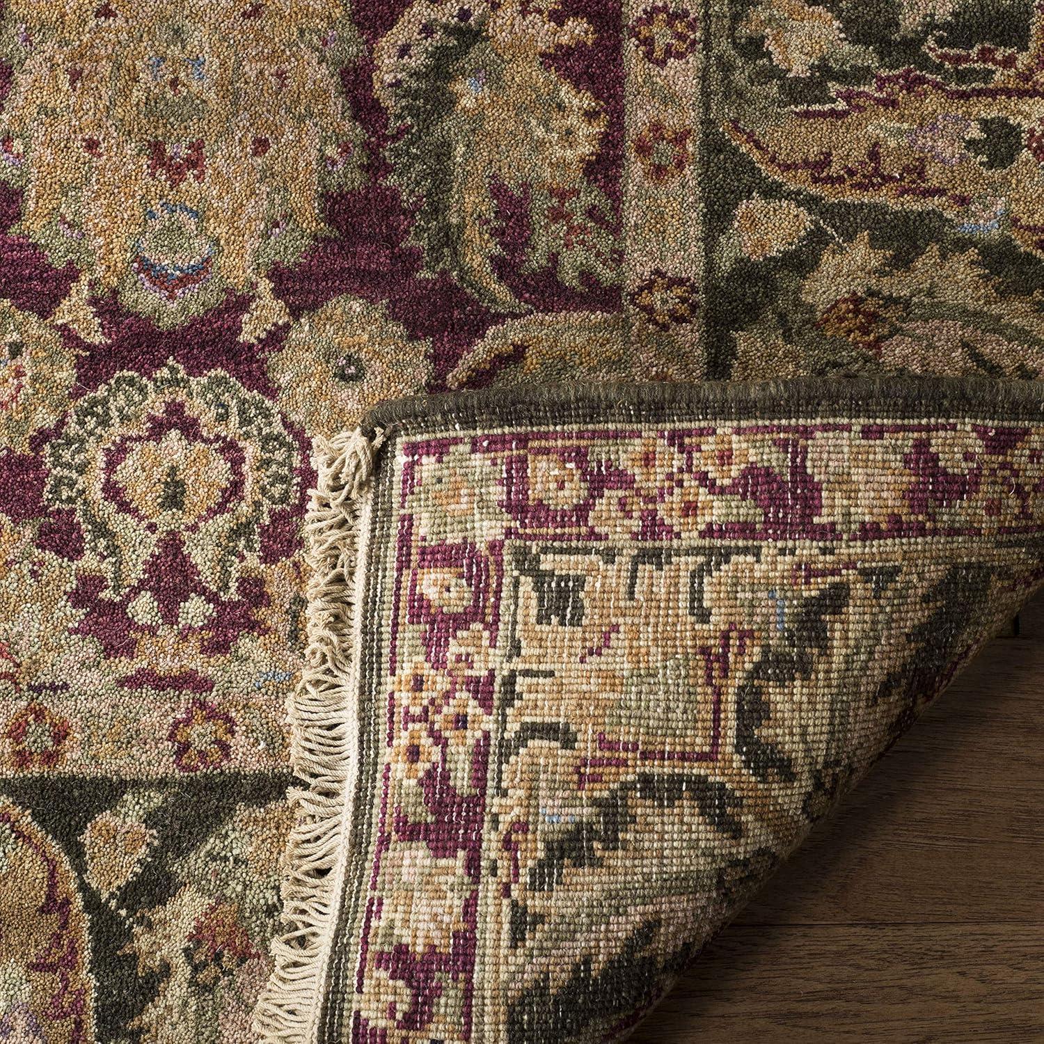 Burgundy and Green Hand-Knotted Wool 8' x 10' Area Rug