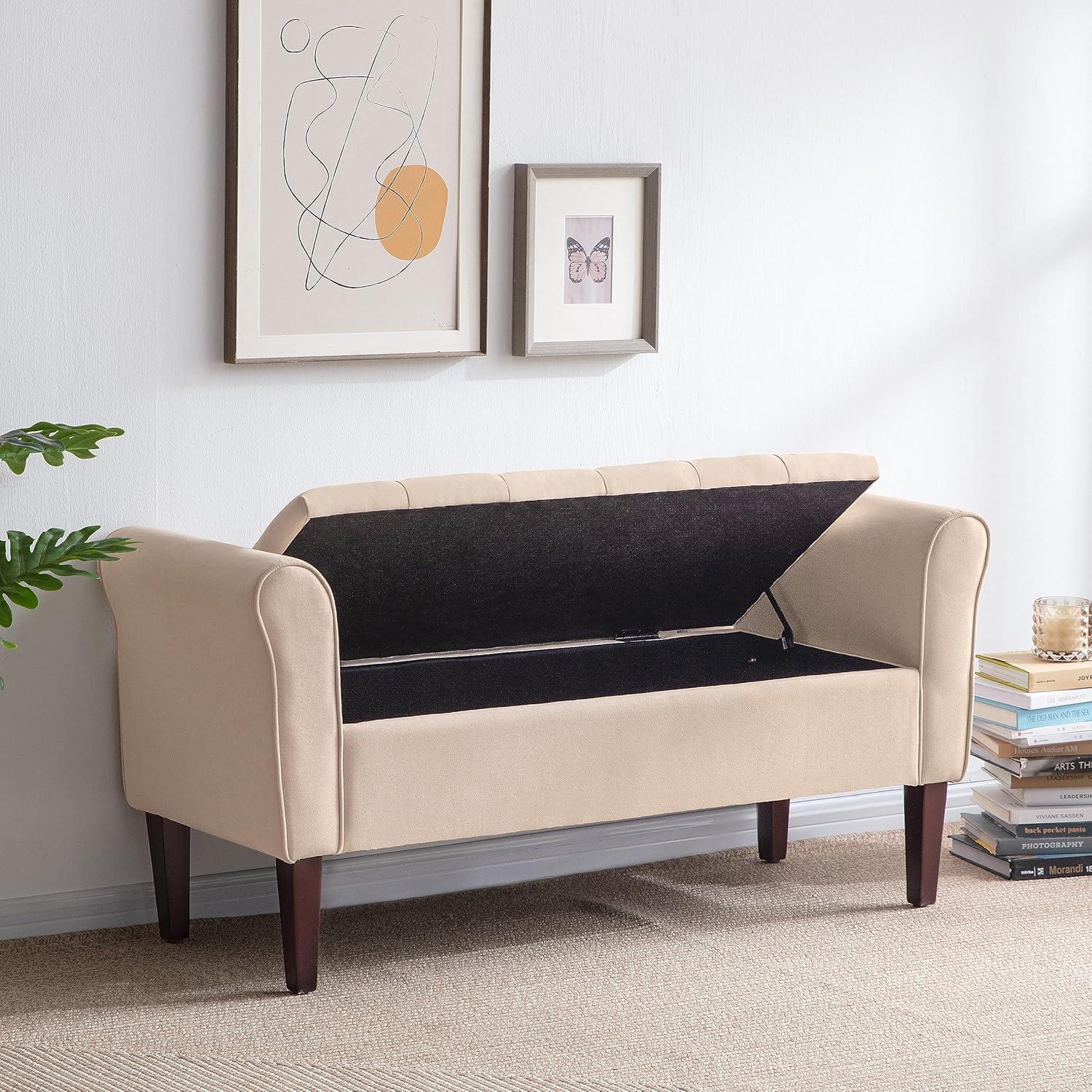 Tan Tufted Fabric Storage Ottoman Bench with Solid Wood Legs