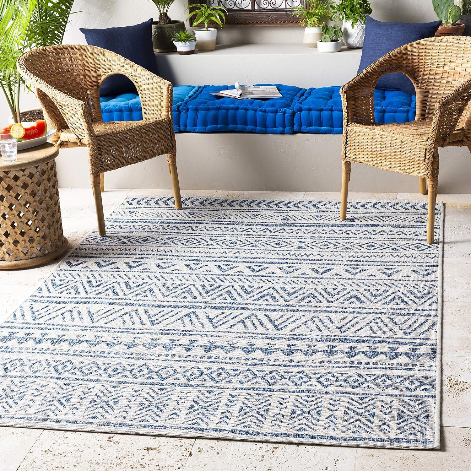 Livabliss Eagean Global Indoor/Outdoor Area Rug,7'10" x 10'2",Denim/Cream